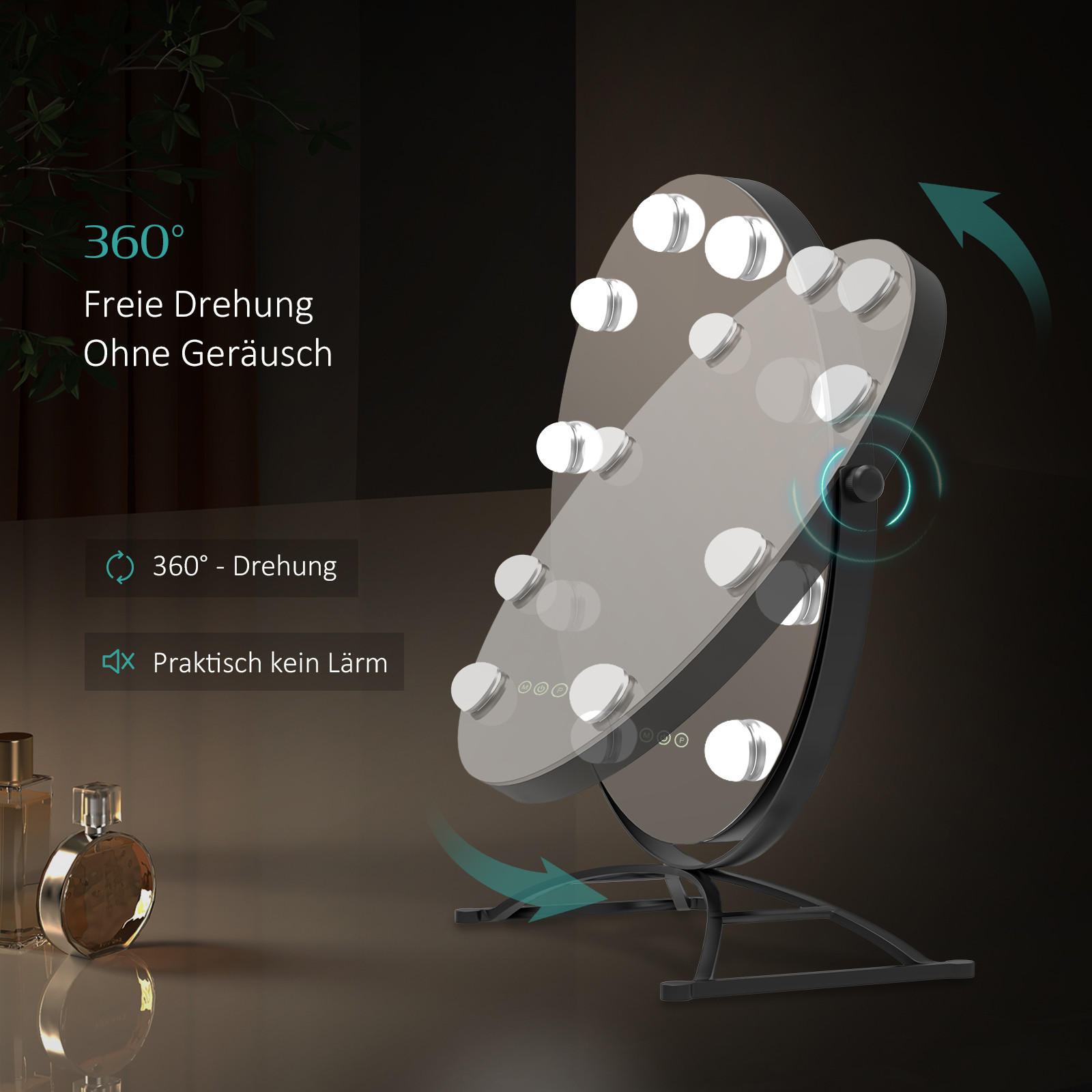 KOSMETIKSPIEGEL Rund mit Beleuchtung, Schwarz, Ø50 cm - Schwarz, Glas (50/16/50cm) - EMKE