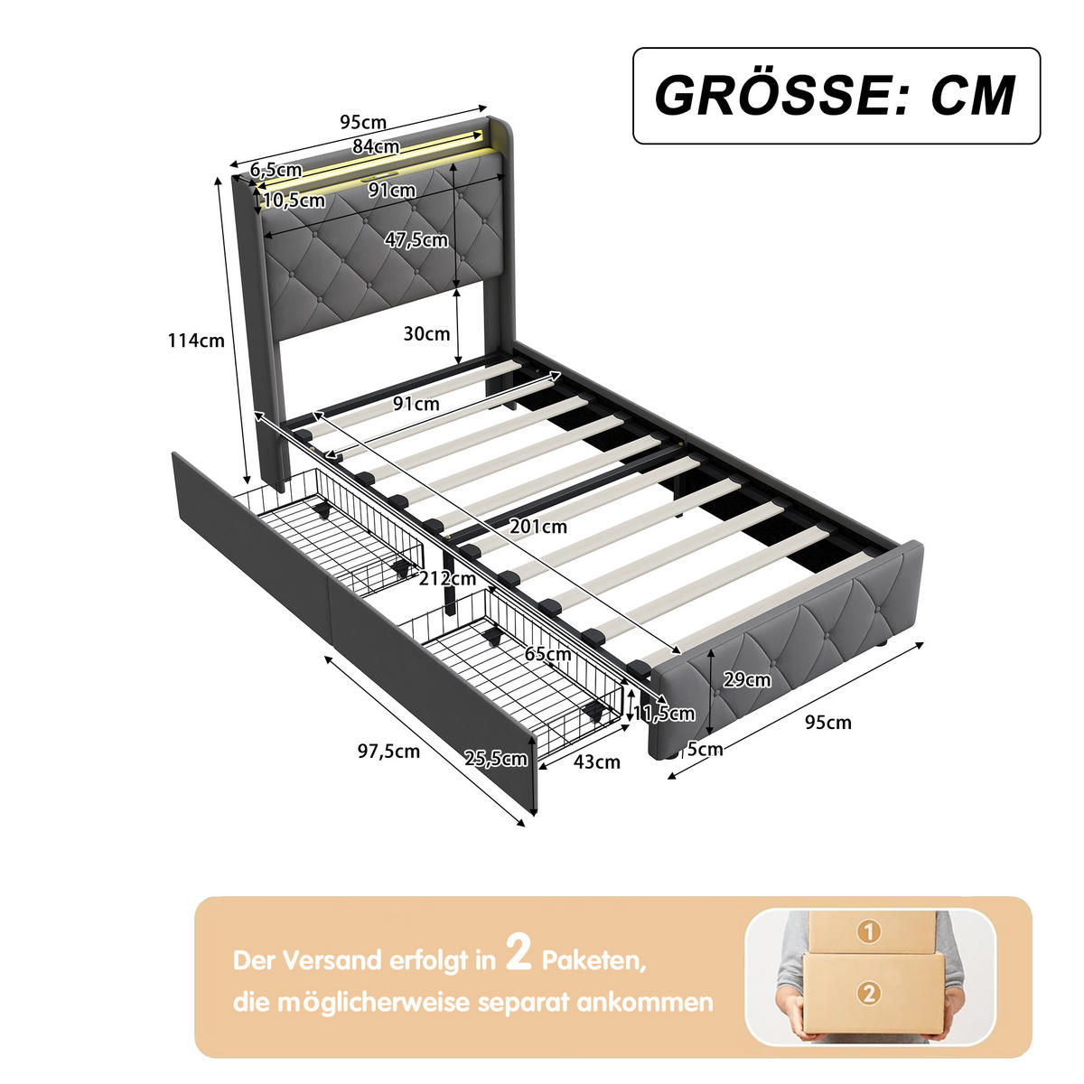POLSTERBETT 90x200 cm mit 2 Schubladen, LED, USB & Type-C, Einzelbett Kopfteil und Lattenrost, Grau - Grau, Metall (90/200cm) - EuroLiving