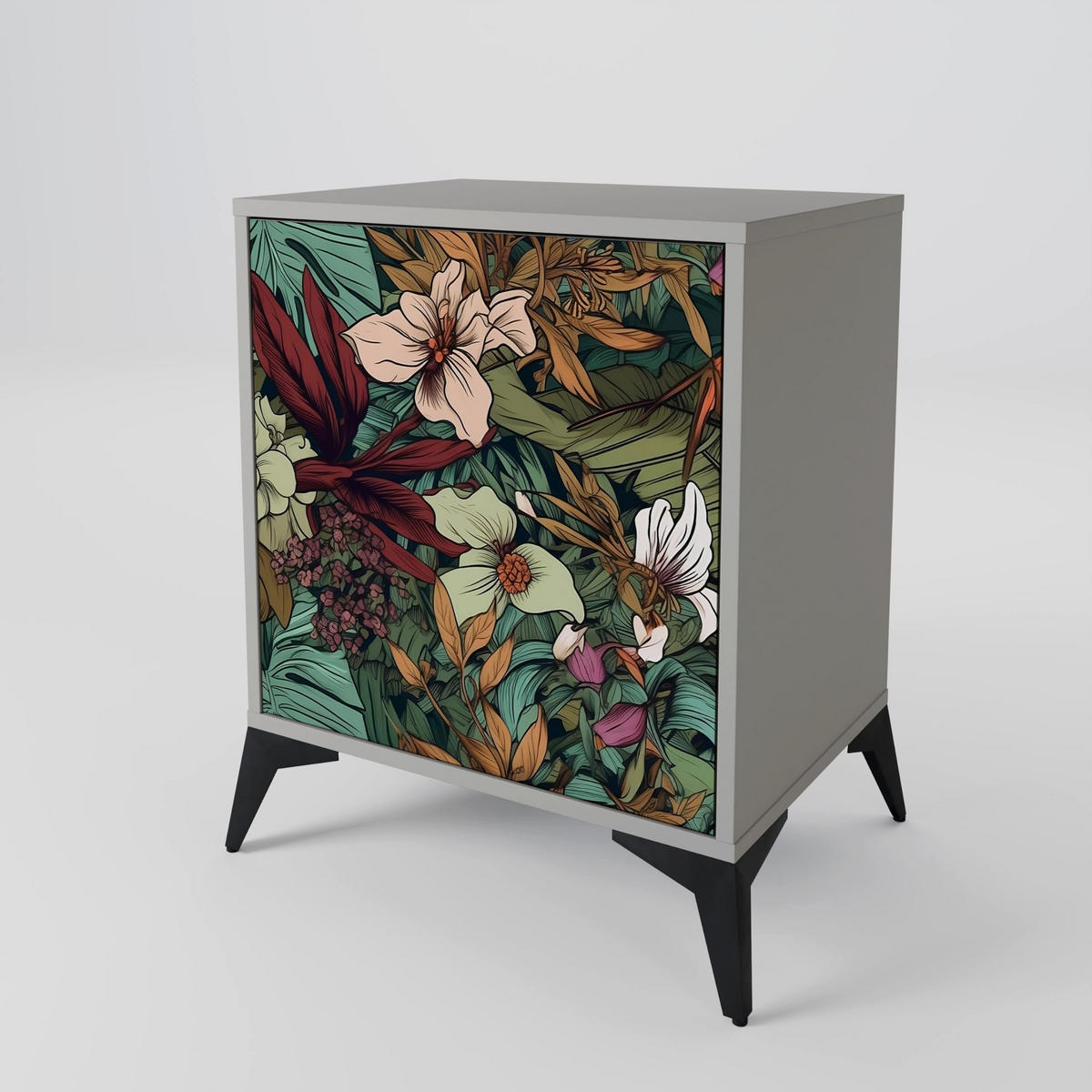 SIDEBOARD BOTANICAL EMERGENCE, Grau, 57,5x42x67,5 cm, Schwarze Metall-Rahmenfüße - Multicolor/Schwarz, Holzwerkstoff/Metall (57.5/67.5/42cm) - SpaceRebels