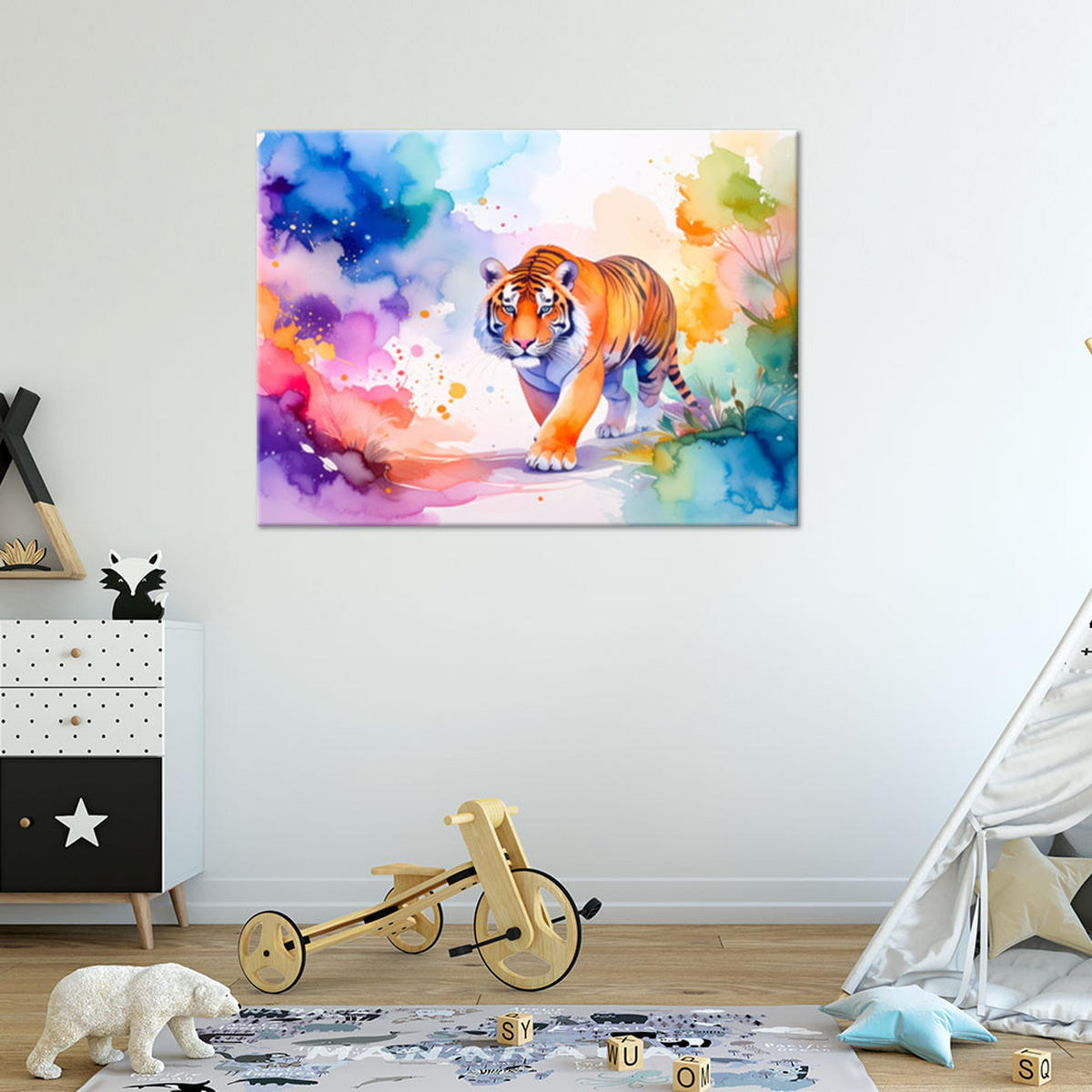 LEINWANDBILD Bunter Tiger Safari Aquarell 100x70cm - Multicolor, Textil (100/70cm) - Feeby