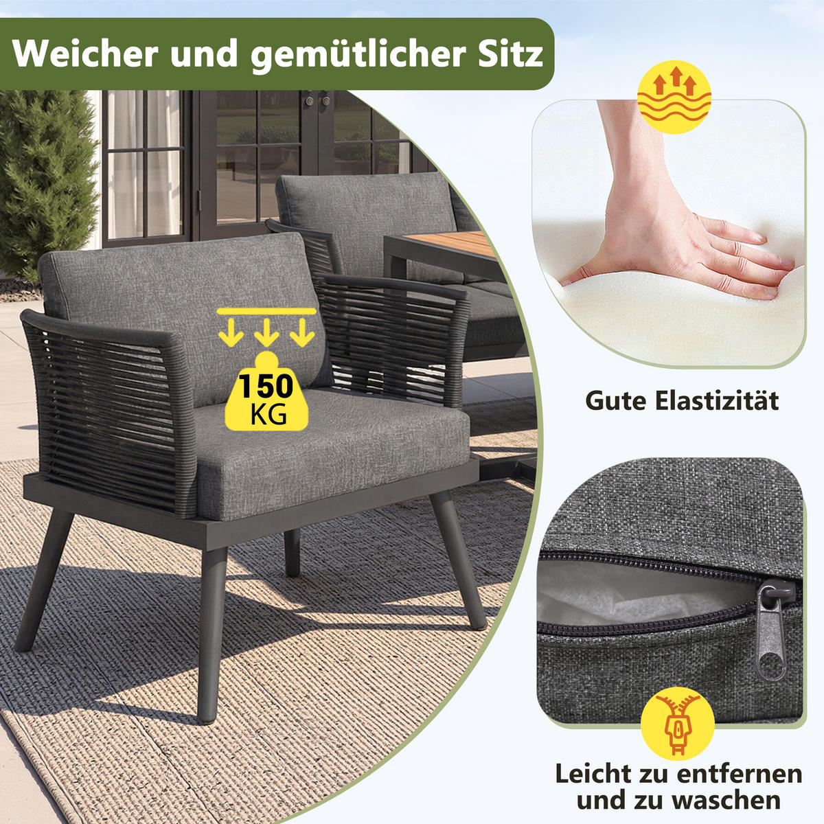 GARTENSET L-Form 7 Personen Grau Inkl. Tisch & Sessel Mit Polstern - Grau, Metall - FLIEKS