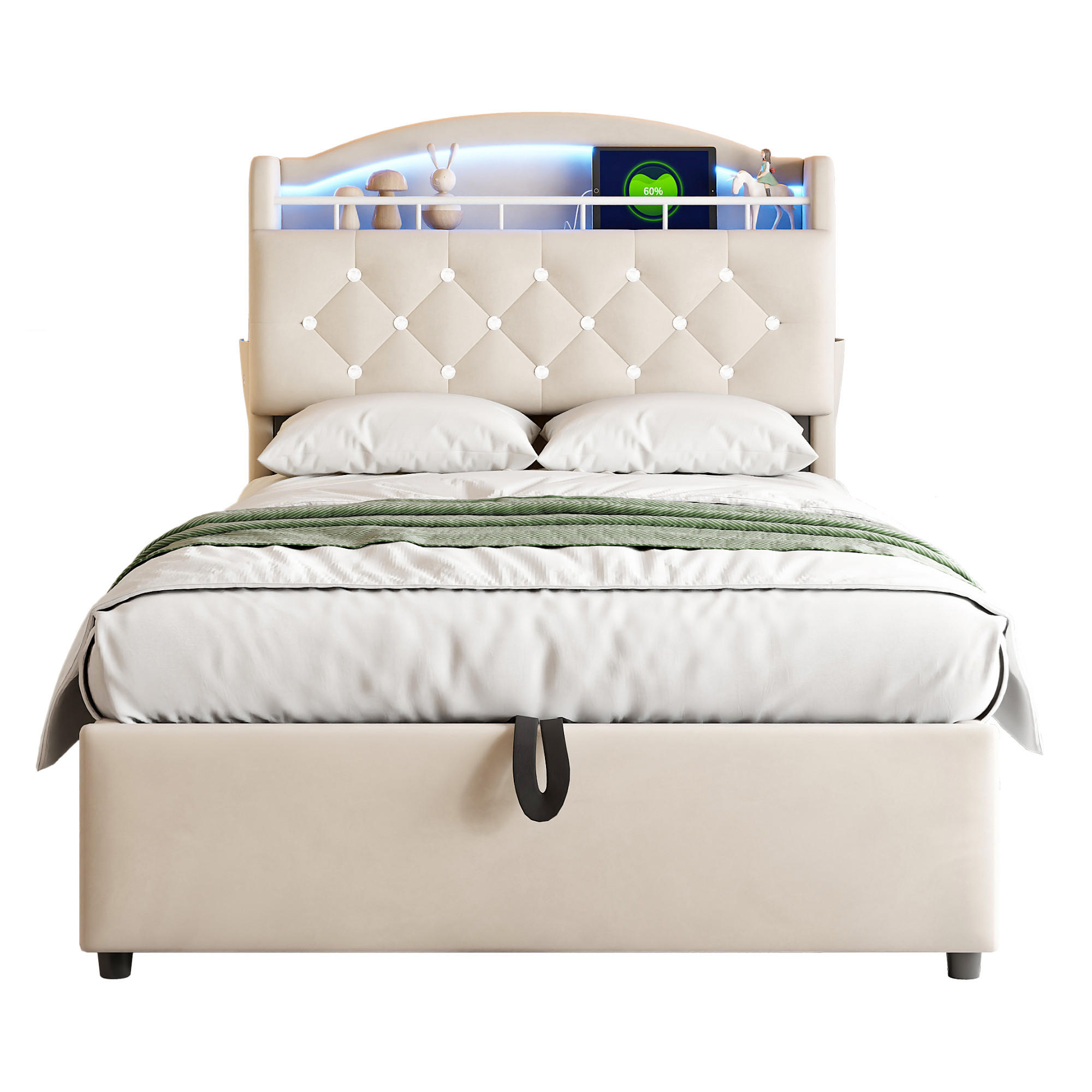 KINDERBETT 90x200 cm Samt LED USB beige - Beige, Textil (90/200cm) - LEBENLANG