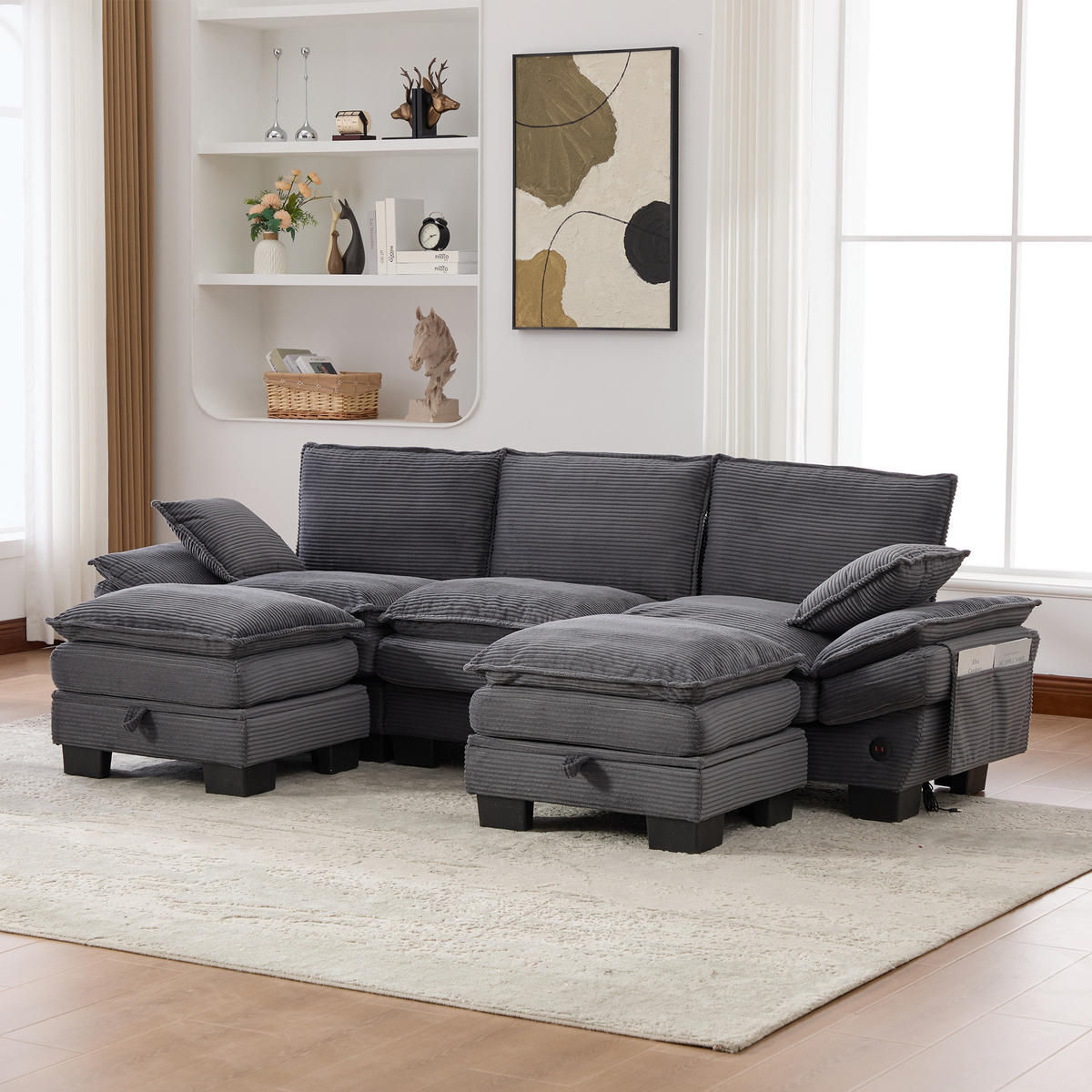 3-SITZER Sofa aus Cordstoff 260x132x84 cm mit USB-C & Seitentaschen, dunkelgrau - Dunkelgrau, Textil (132/84/260cm)
