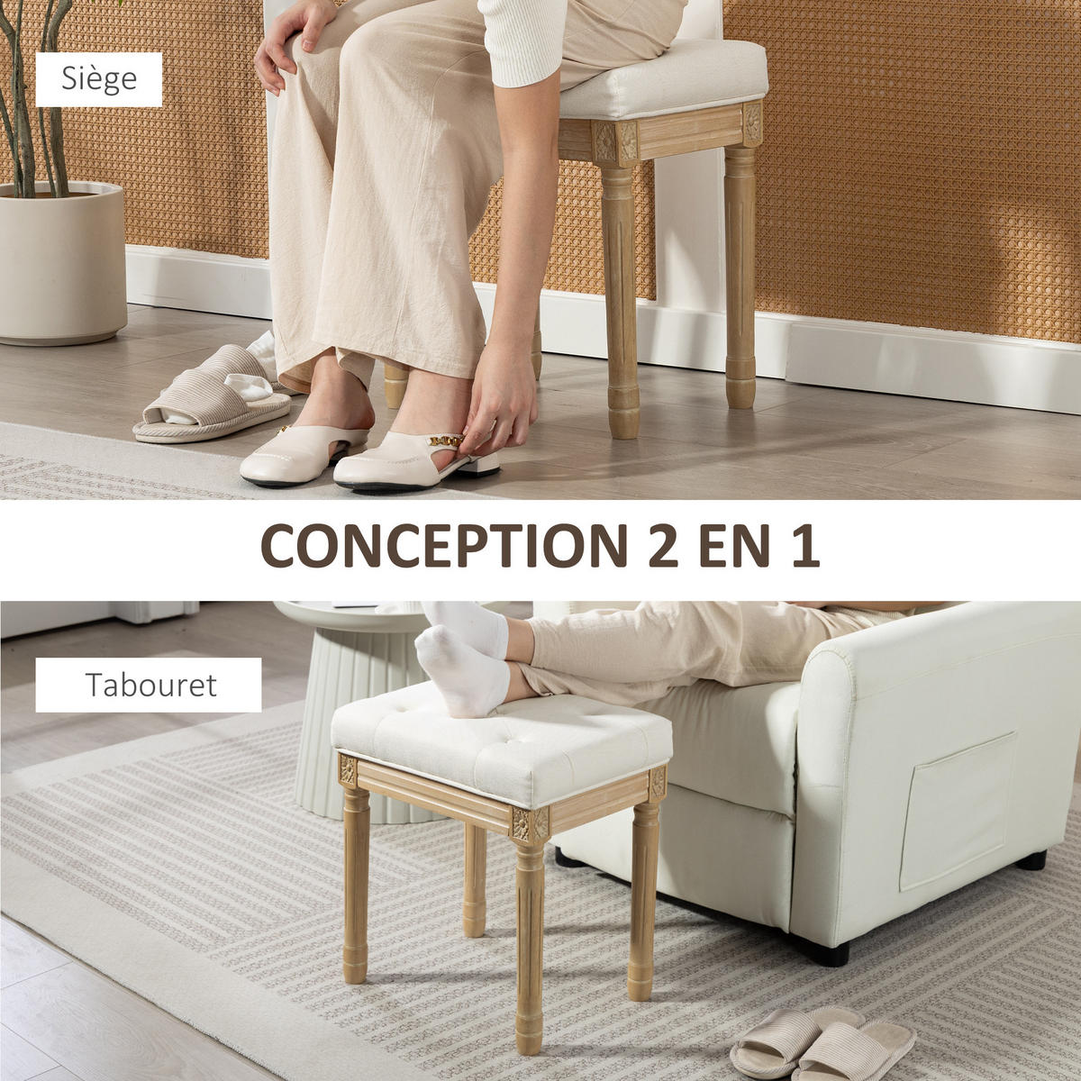 HOCKER DE-16439 gepolstert mit Knopfheftung im Landhausstil Beige - Beige, Textil (32/46.5/42cm) - ComfortXL