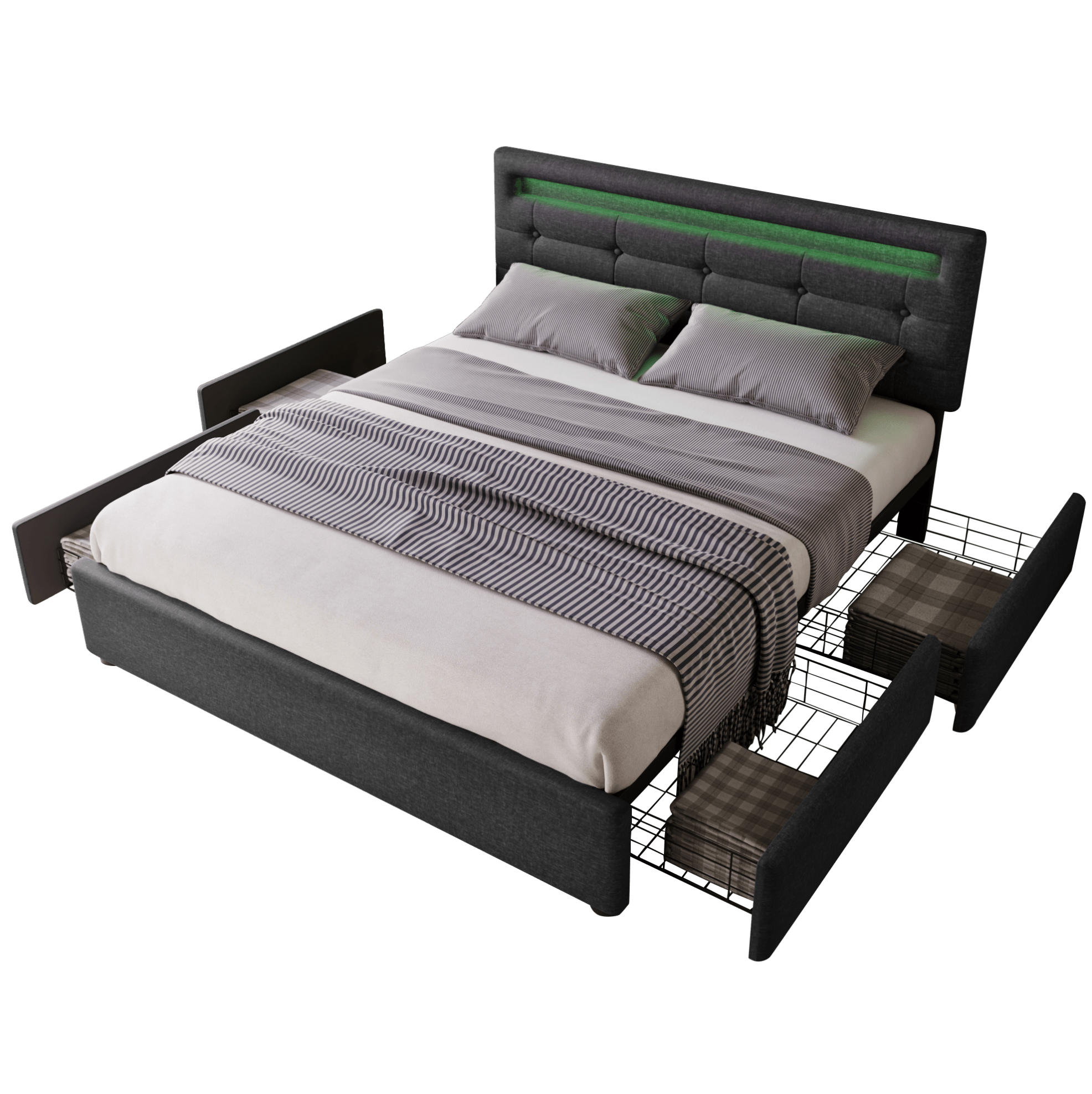 POLSTERBETT 140/200 cm Schwarz aus Leinen mit LED-Beleuchtung - Schwarz, Textil (140/200cm) - OKMYHOME