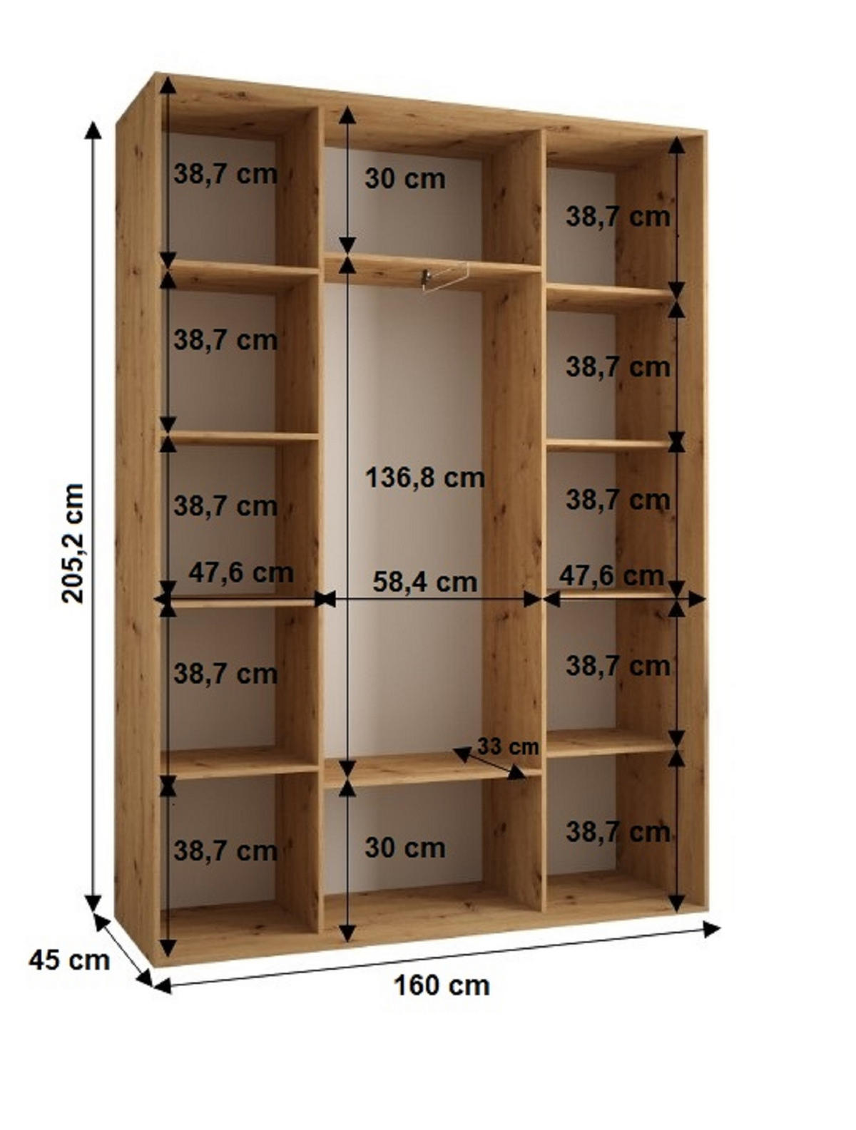 SCHWEBETÜRENSCHRANK 205,2/160/45 3-türig - Schwarz/Eiche Artisan, Holz/Metall (160/205.2/45cm) - Abiks Möbel