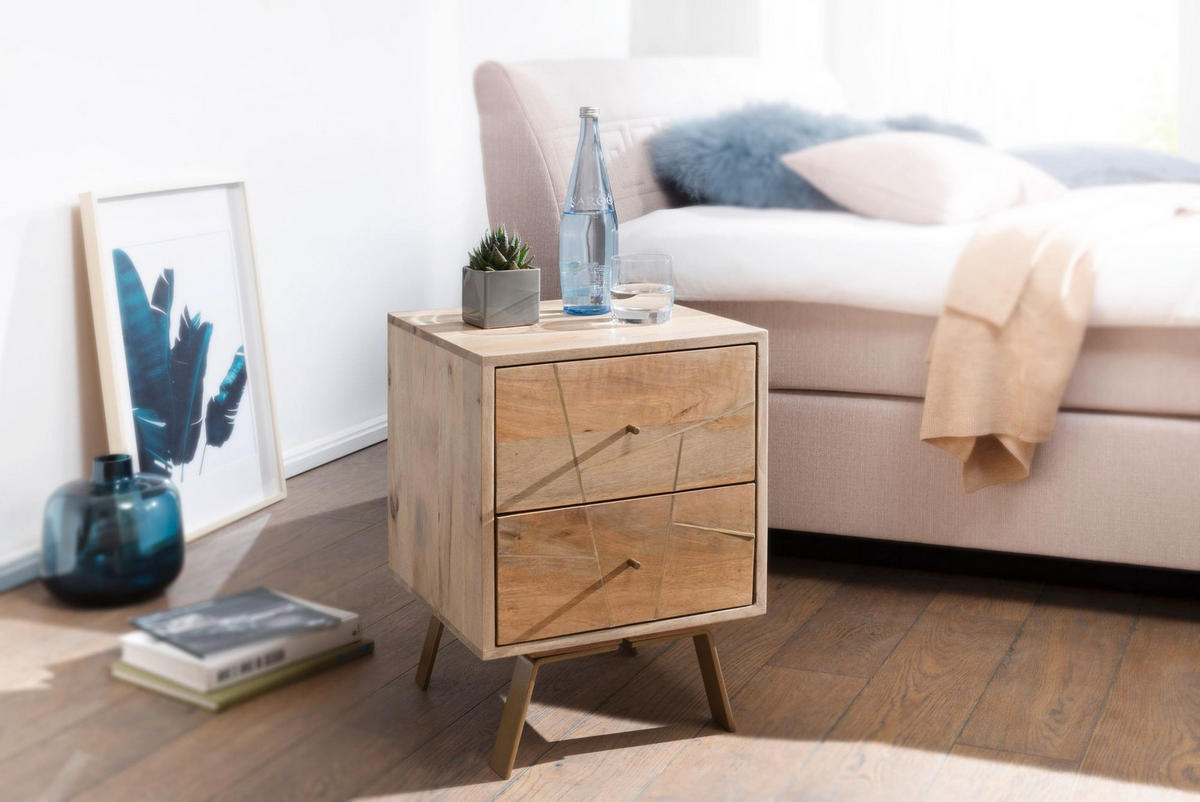 NACHTTISCH – Mango Massivholz, Metallstreifen, rustikal, Farbverlauf - Goldfarben/Braun, Holz/Metall (40/56/40cm) - KADIMA DESIGN