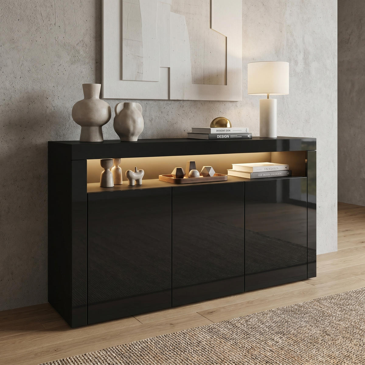 KOMODA Valencia Crna mat/Crna visoki sjaj/Crna visoki sjaj (155 x 92 x 40 cm) - crna visoki sjaj, drvni materijal (155/92/40cm) - Vladon