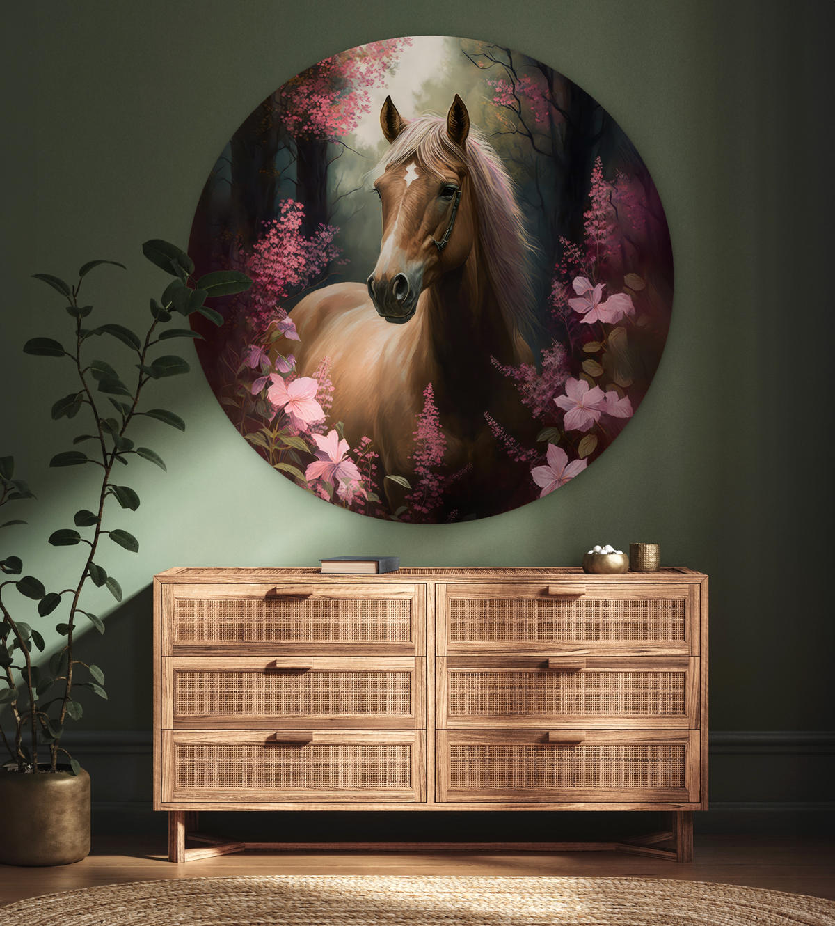 WANDBILD Pferd - Blumen - Rosa - Natur - Wald Room Decor 140x140 cm - Altrosa, Kunststoff (140/140cm) - MuchoWow