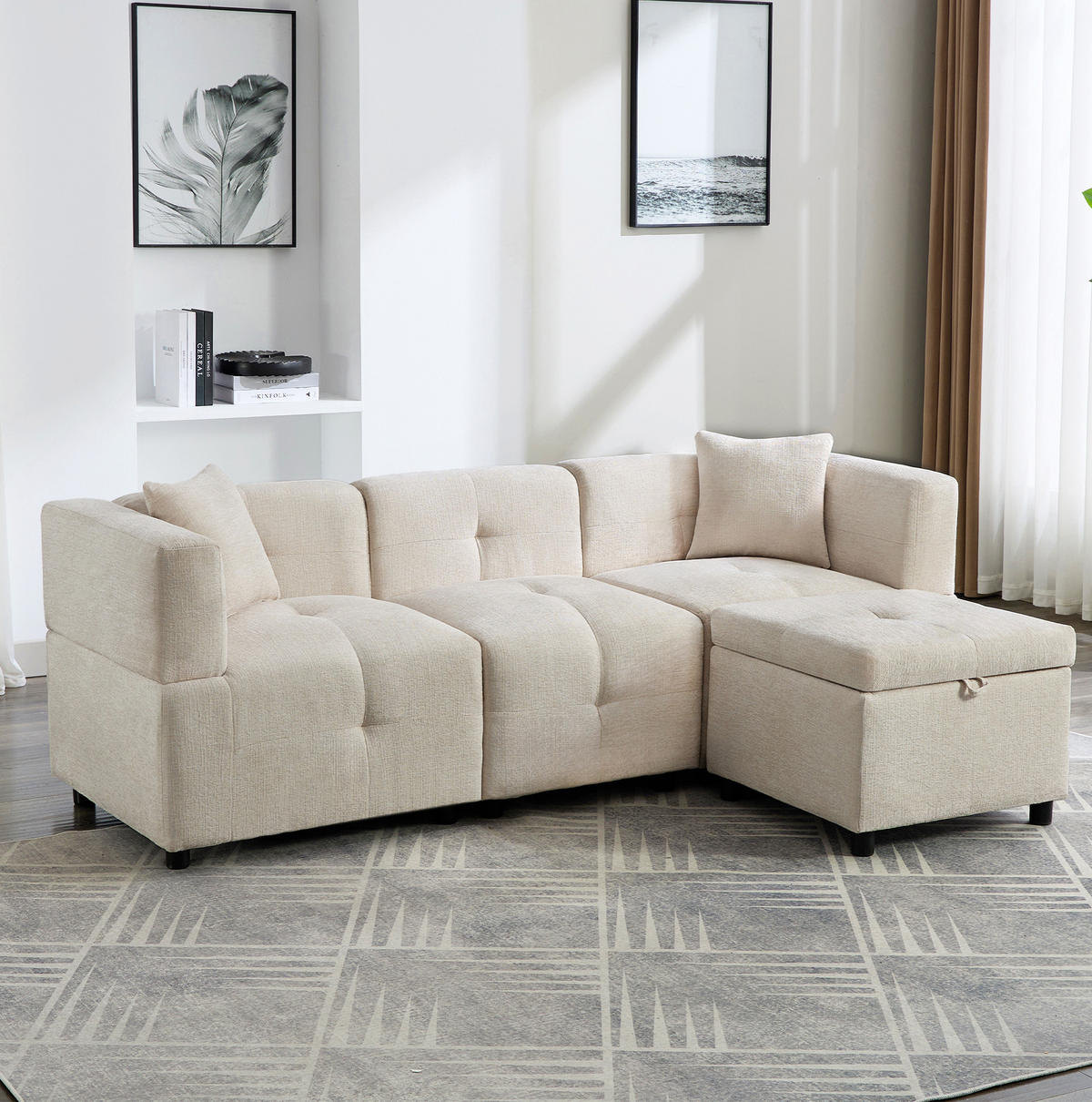 SOFA modular 204 x 126 cm Chenille Beige 3-Sitzer mit Fußhocker - Beige, Holzwerkstoff (126/204cm) - Meubliv