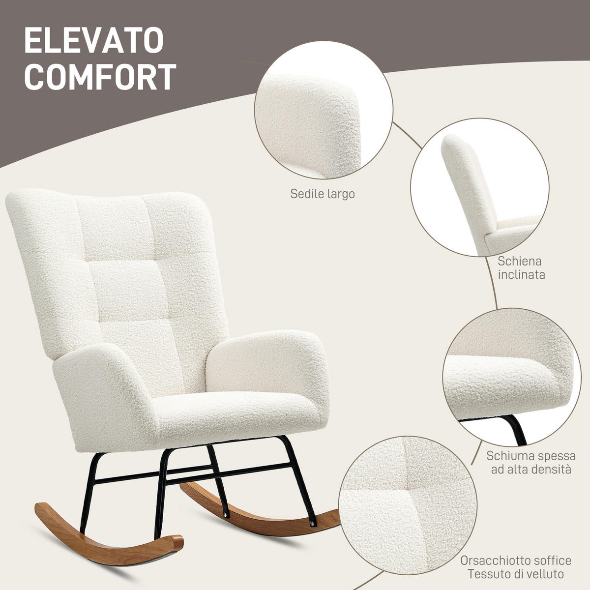 SCHAUKELSTUHL Teddy-Velvet Metall Holz 70x94x100 cm Bianco Crema - Creme, Textil (94/100/70cm) - Vallsero