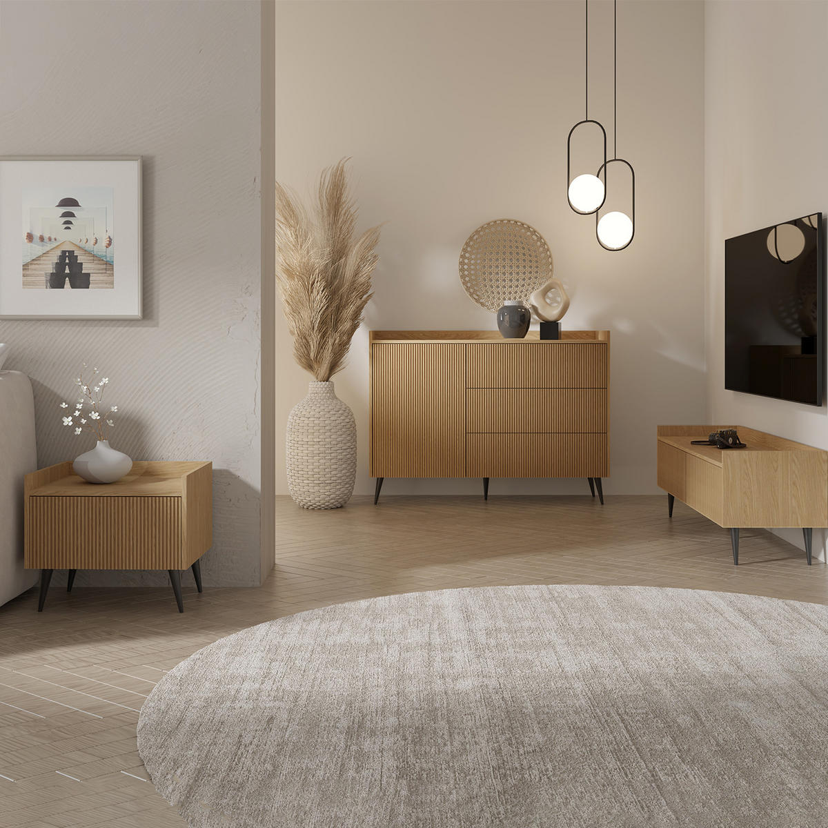 NACHTTISCH Amfali mit 1 Tür, geriffelte Fronten, Push-to-open, Metallbeine, 52 cm, Frühlings-Eiche - Eichefarben/Schwarz, Holzwerkstoff/Metall (52/45/41cm) - Beautysofa