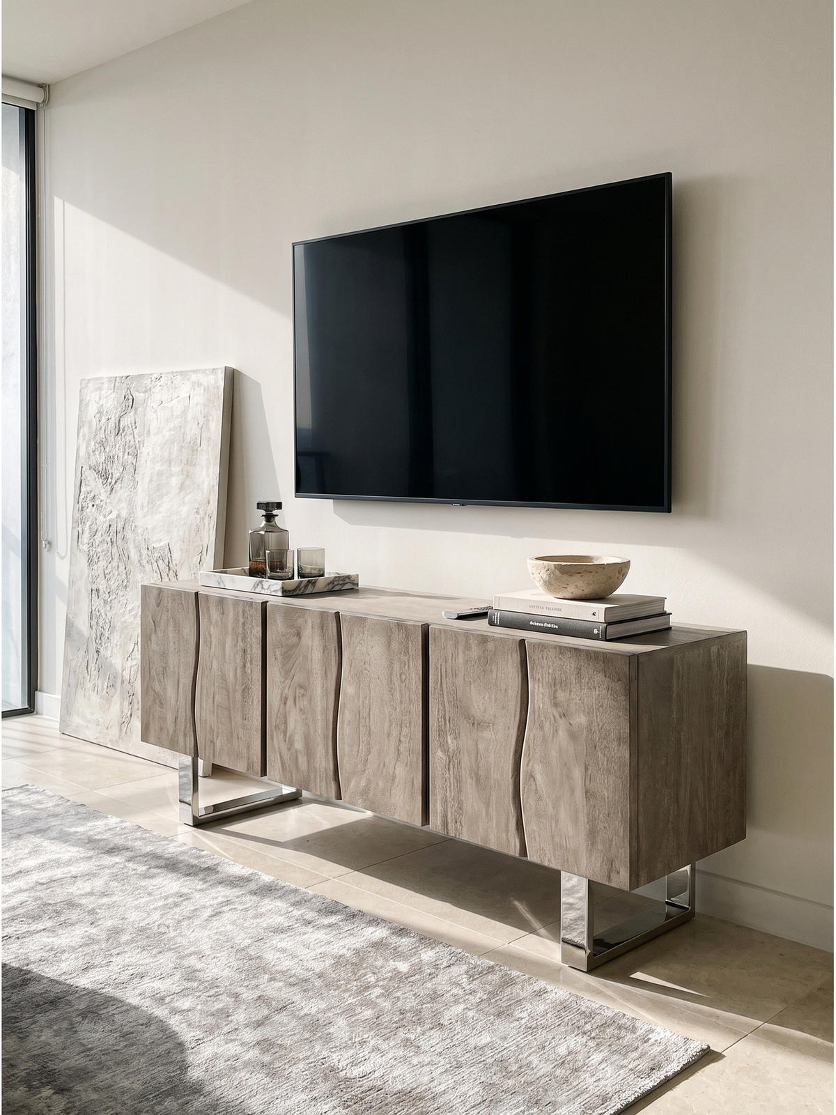 LOWBOARD GRIPSHOLM, Akazie Massivholz, handgefertigt, Akazie-Grau, 160 x 46 x 56 cm - Chromfarben/Grau, Holz/Metall (160/56/46cm) - KADIMA DESIGN