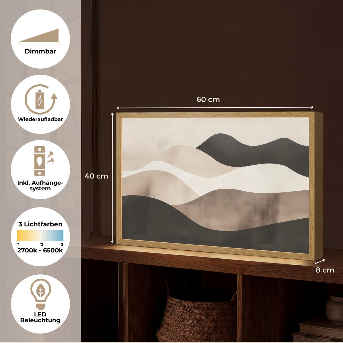 NÁSTĚNNÁ LAMPA S AKUMULÁTOREM Abstraktní - Krajina - Vlny - Krémová barva 60x40 cm - šedohnědá, kompozitní dřevo (60/40/8cm) - OnlyWow