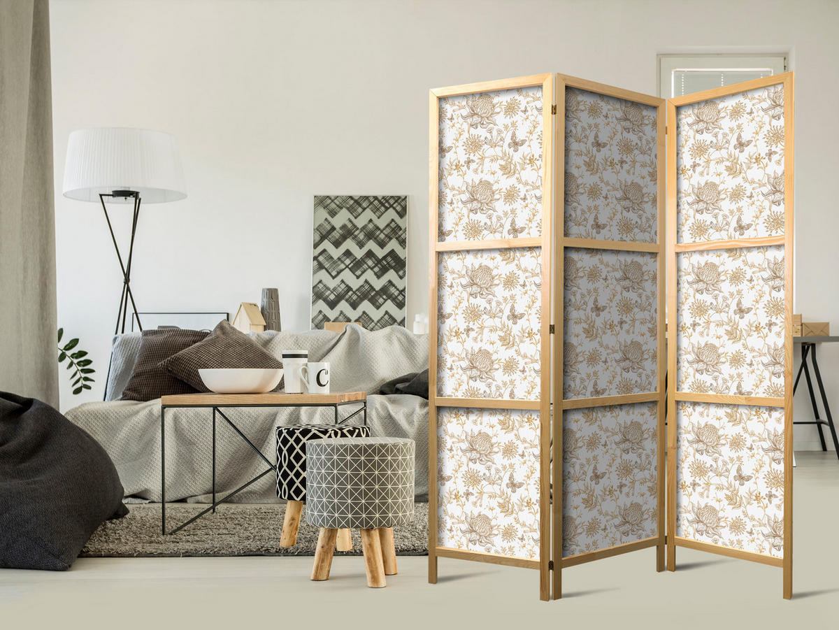 PARAVENT Japanischer 3-tlg 135x172 cm Braune Bl tter - Beige, Holz/Textil (135/172/3cm) - Muralo