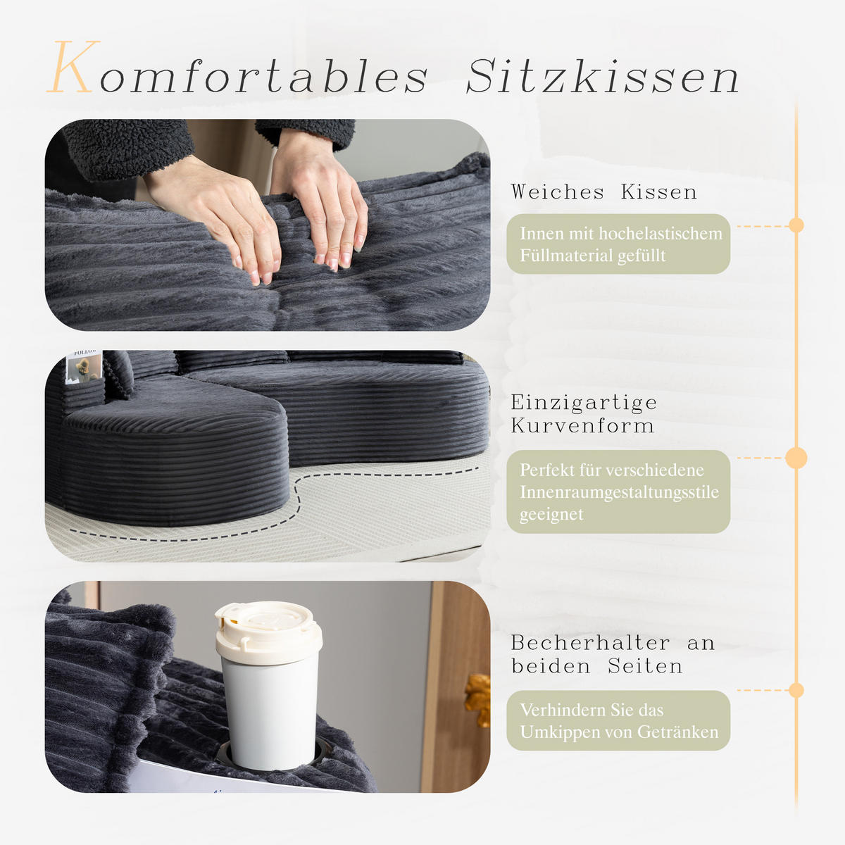 ECKSOFA Cord Dunkelgrau mit Getränkehaltern, Seitentaschen und Kissen - Dunkelgrau, Textil (250/152cm) - WISHDOR