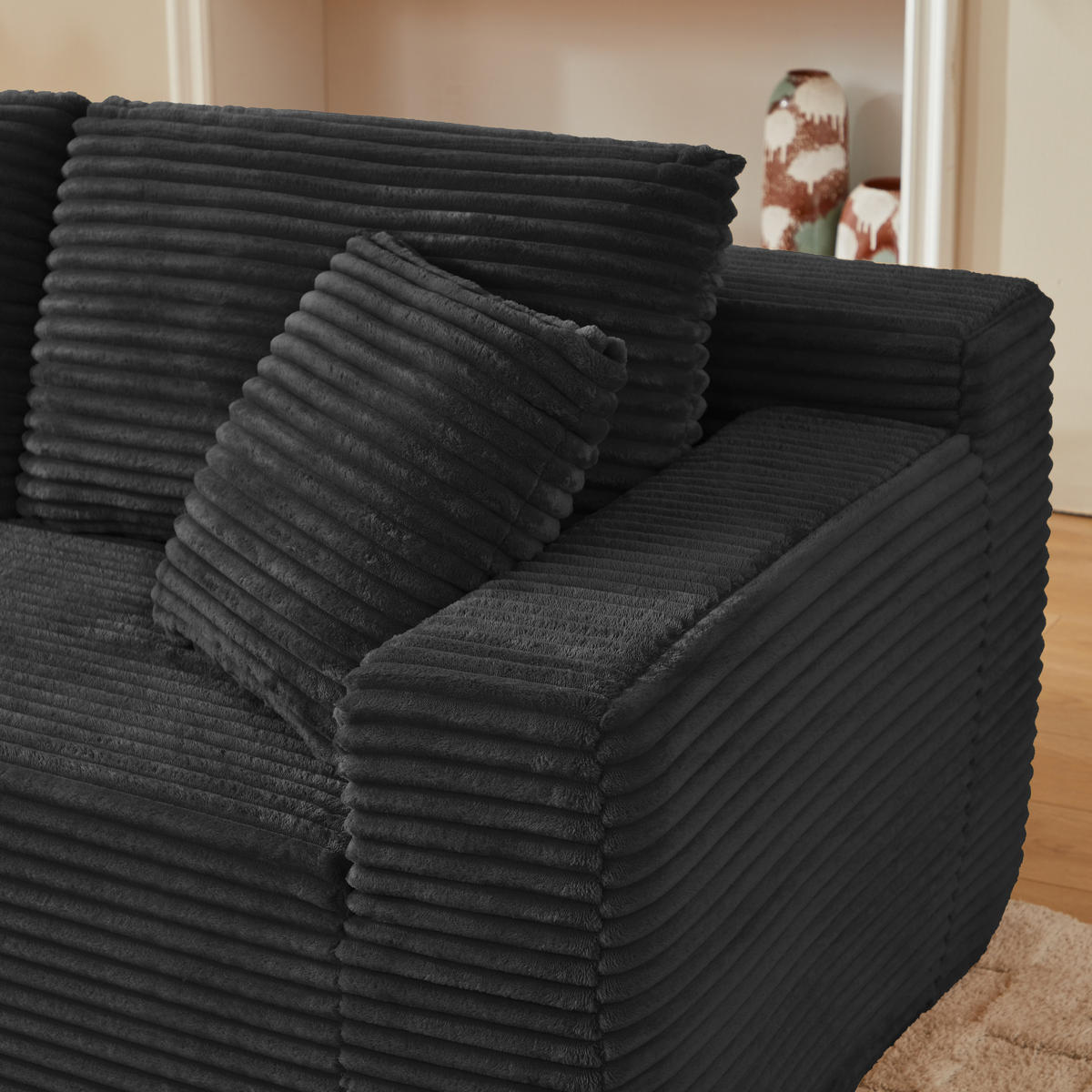 ECKSOFA 3-Sitzer Cord Schwarz mit Rücken- und Nackenkissen - Schwarz, Textil (252.5/163cm) - WISHDOR