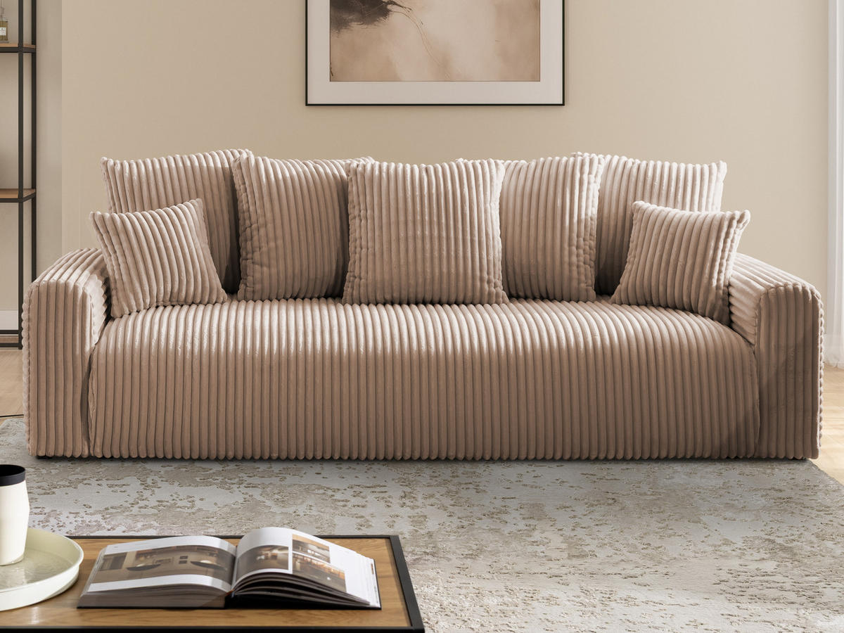 SCHLAFSOFA Calma mit Bettkasten im Bumpy-Design aus weichem Beige Plüschcord - Beige/Schwarz, Holz/Kunststoff (239/88/98cm) - S-Style