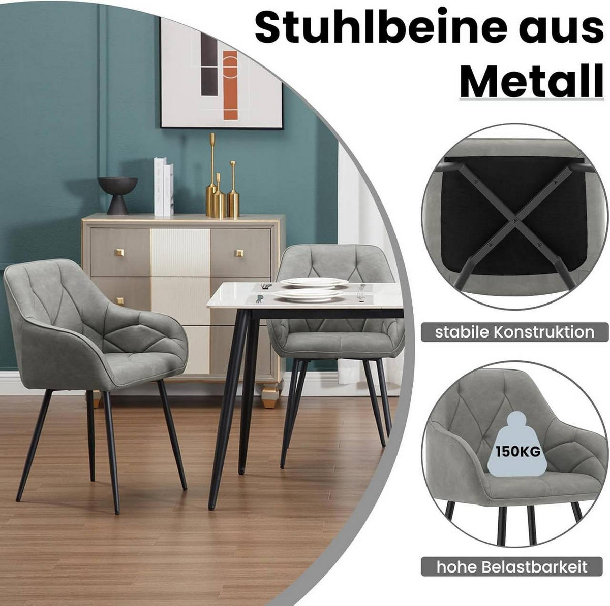 ARMLEHNSTUHL 2er Set Vintage-Kunstleder, Dunkelgrau - Dunkelgrau/Schwarz, Kunststoff/Metall (56/83.5/53cm) - Woltu