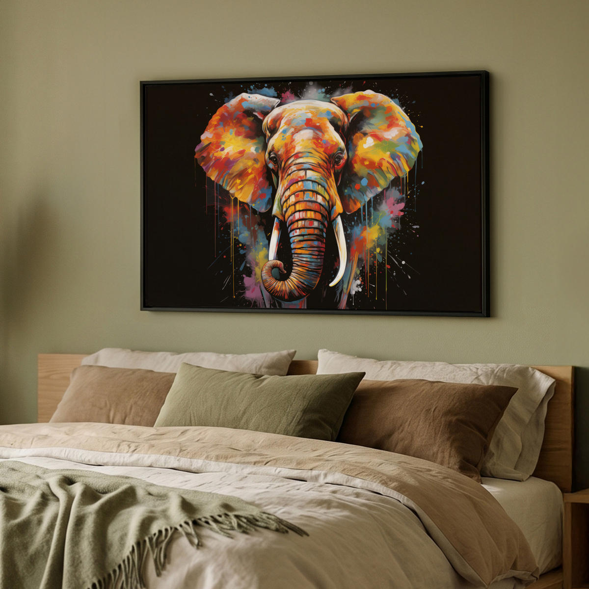 LEINWAND Bilder mit Rahmen - Elefant - Graffiti - Schwarz - Tiere - Farben - 90x60 - Schwarz, Textil (90/60cm) - MuchoWow