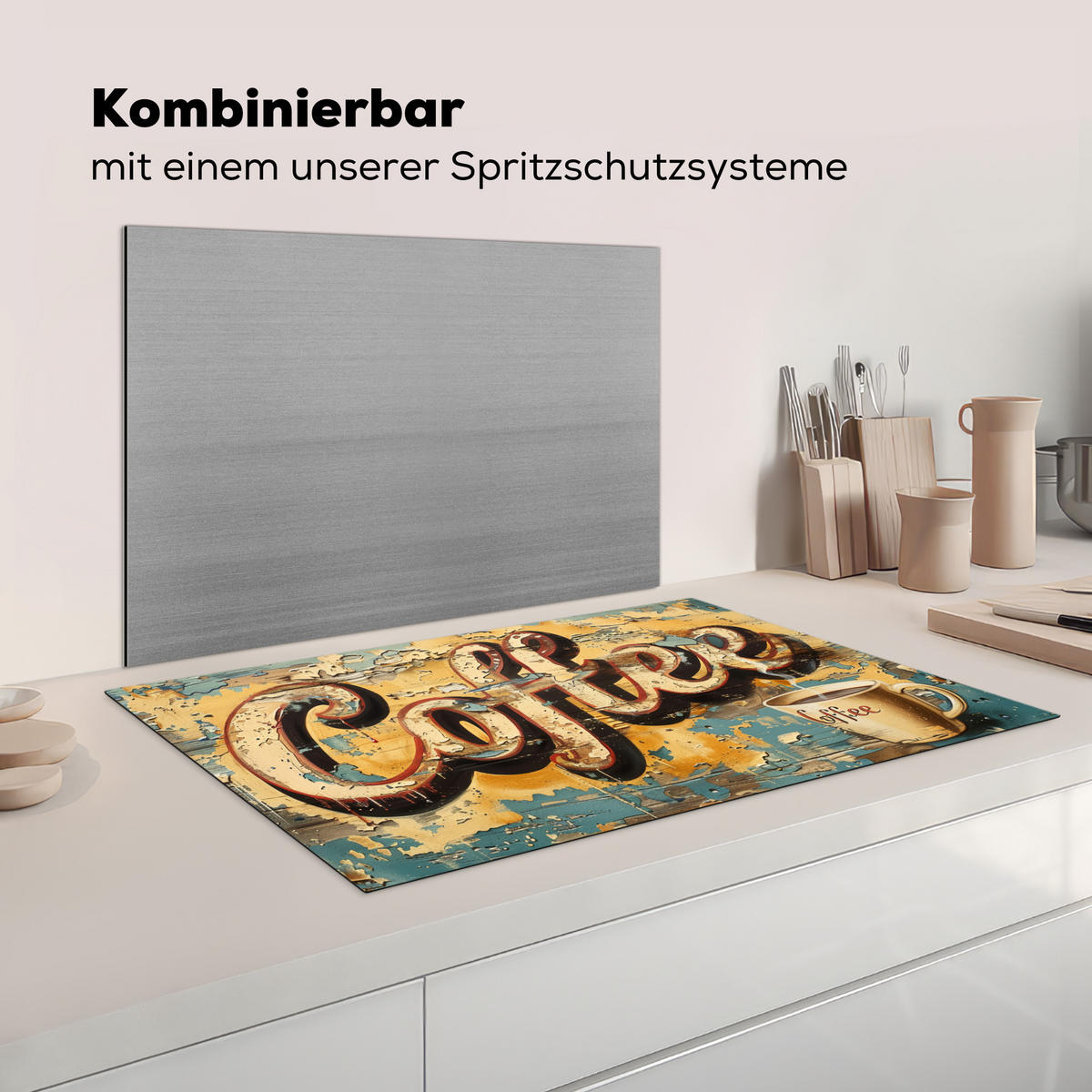 KRYT NA INDUKČNÍ DESKU Káva - Vintage - hnědá - šálek 83x51 cm - teaková, plast (83/51.5/0.2cm) - MuchoWow