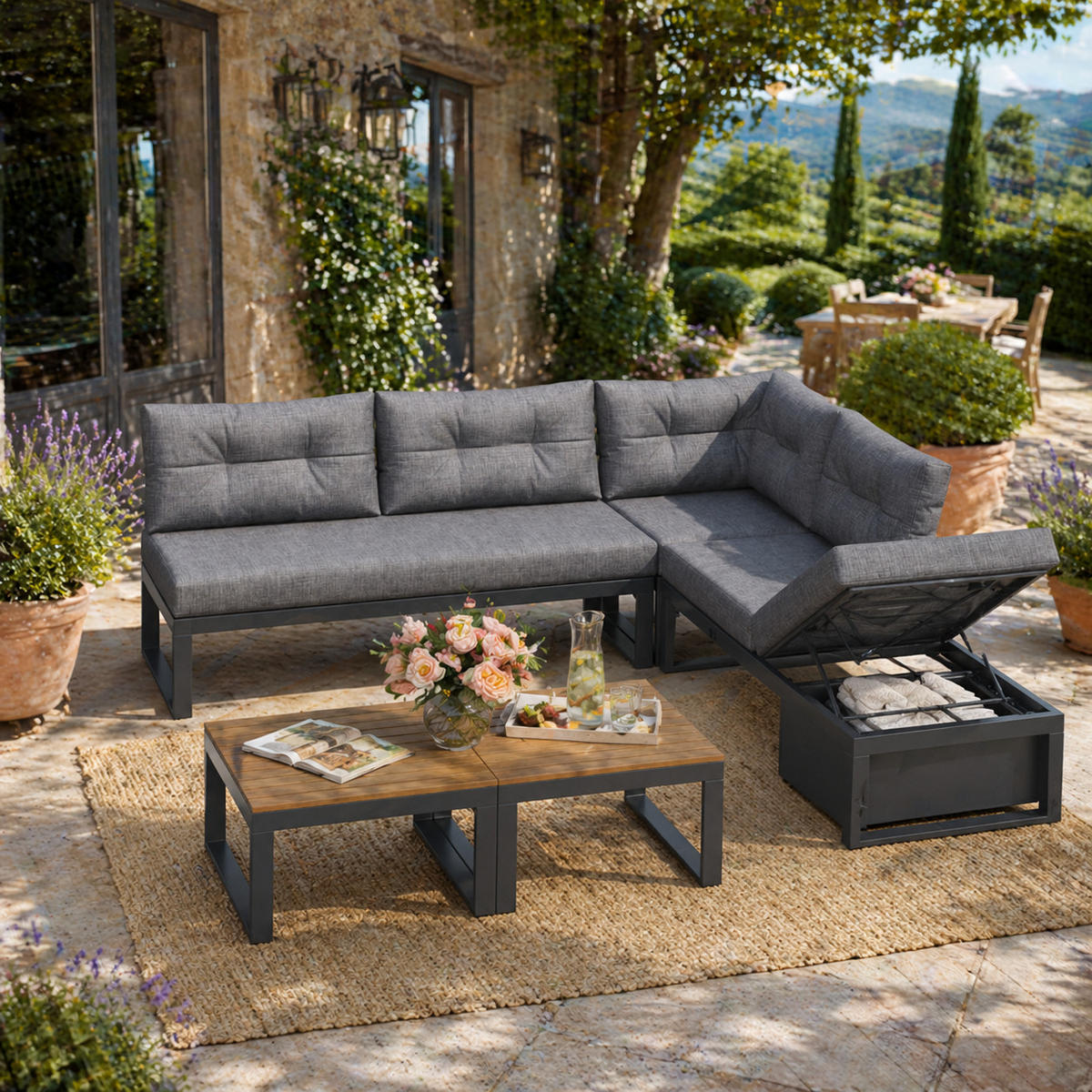 DINING-LOUNGESET Dunkelgrau L-Shaped mit Tisch - Grau, Textil - Kaket