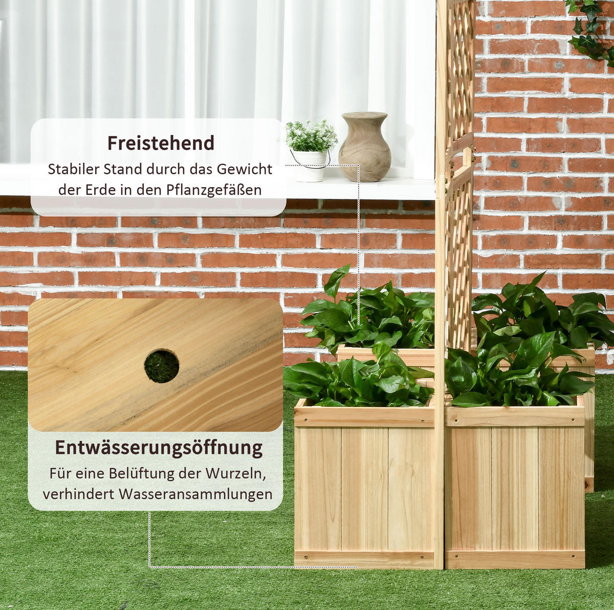 BLUMENKASTEN aus Holz 133x62x165cm in Natur mit klappbarem Spalier - Naturfarben, Holz (62/165/133cm) - Modfu