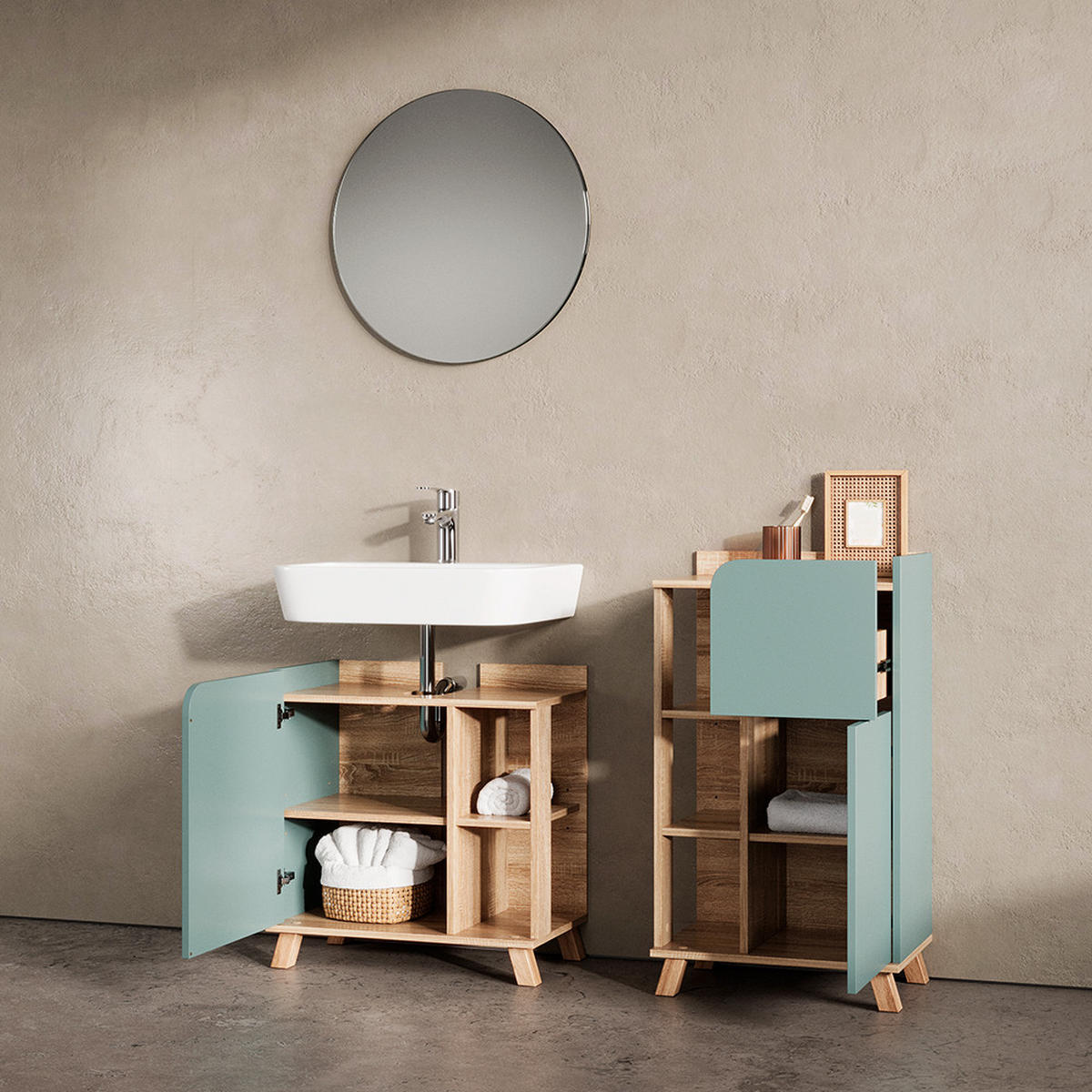 BADMÖBEL-SET Marano Blau-Grau 3 Teile, mit Midischrank - Blaugrau/Sonoma Eiche, Holzwerkstoff (35/65/60cm) - Livinity®