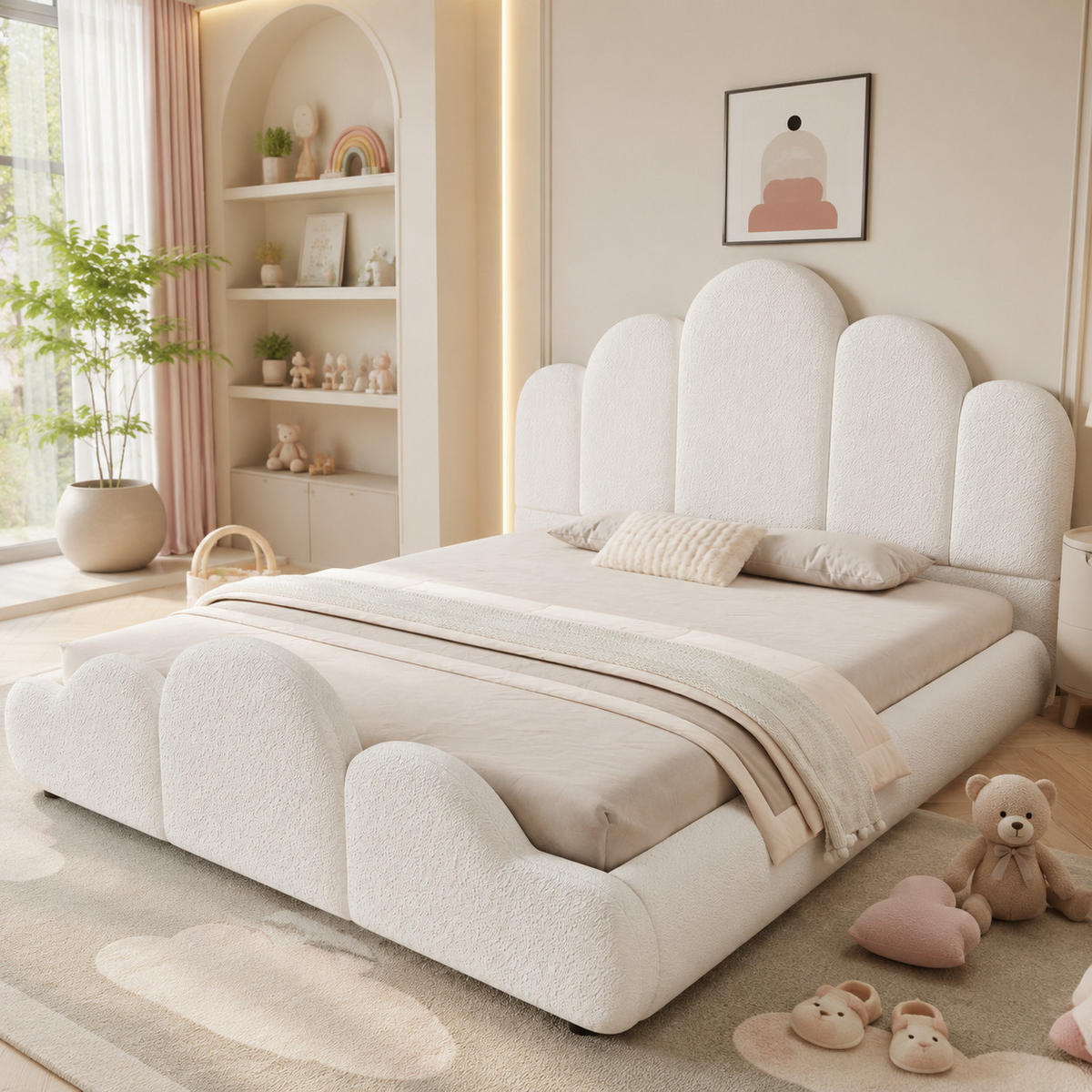 POLSTERBETT 140/200 cm in Beige mit Wolken-Design, abgerundeten Ecken, Bouclé und Lattenrost - Beige/Schwarz, Holzwerkstoff/Textil (140/200cm) - STILVORA