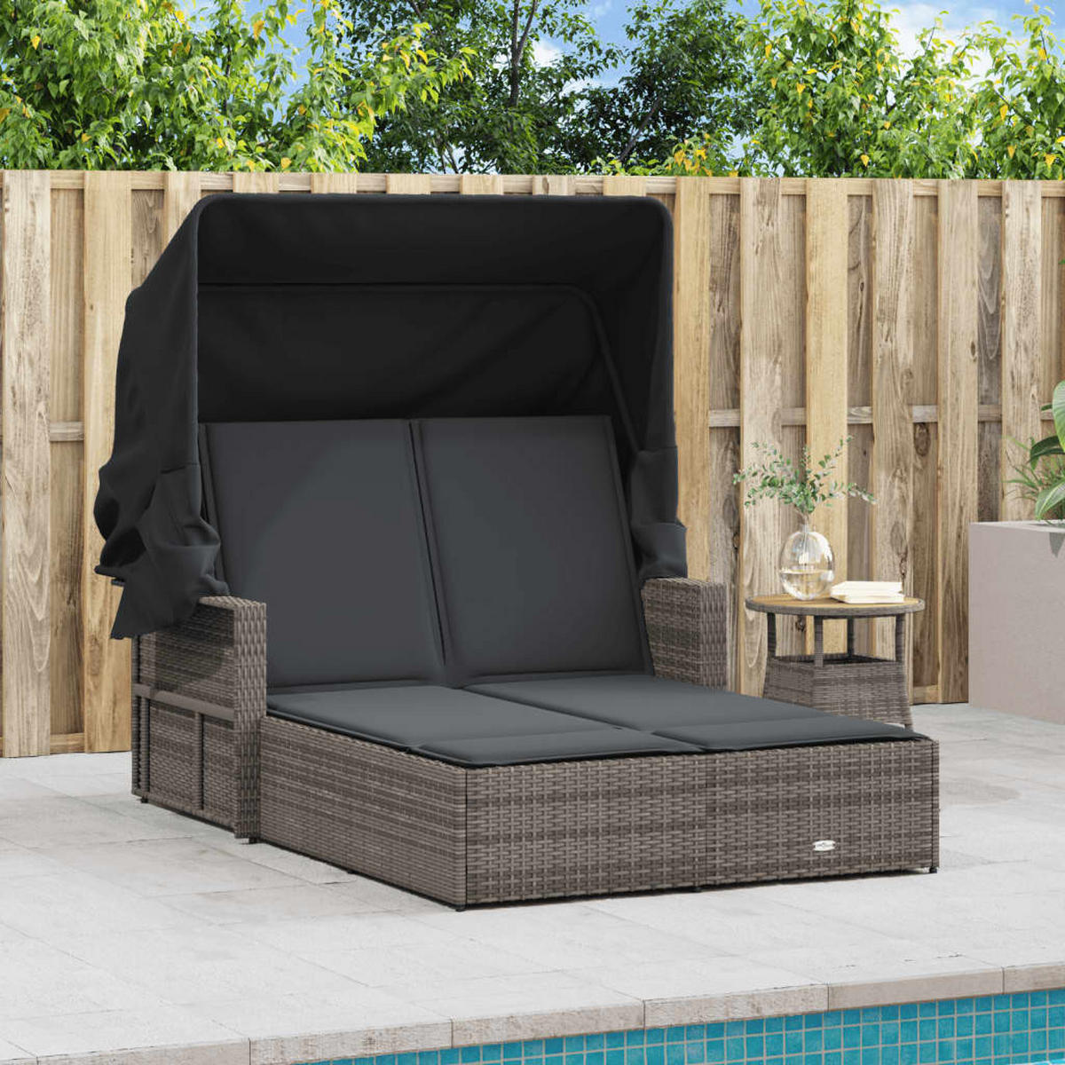 DOPPEL-SONNENLIEGE Mit Dach Und Auflagen Grau Poly Rattan - Grau, Kunststoff (110/149/201cm) - vidaXL