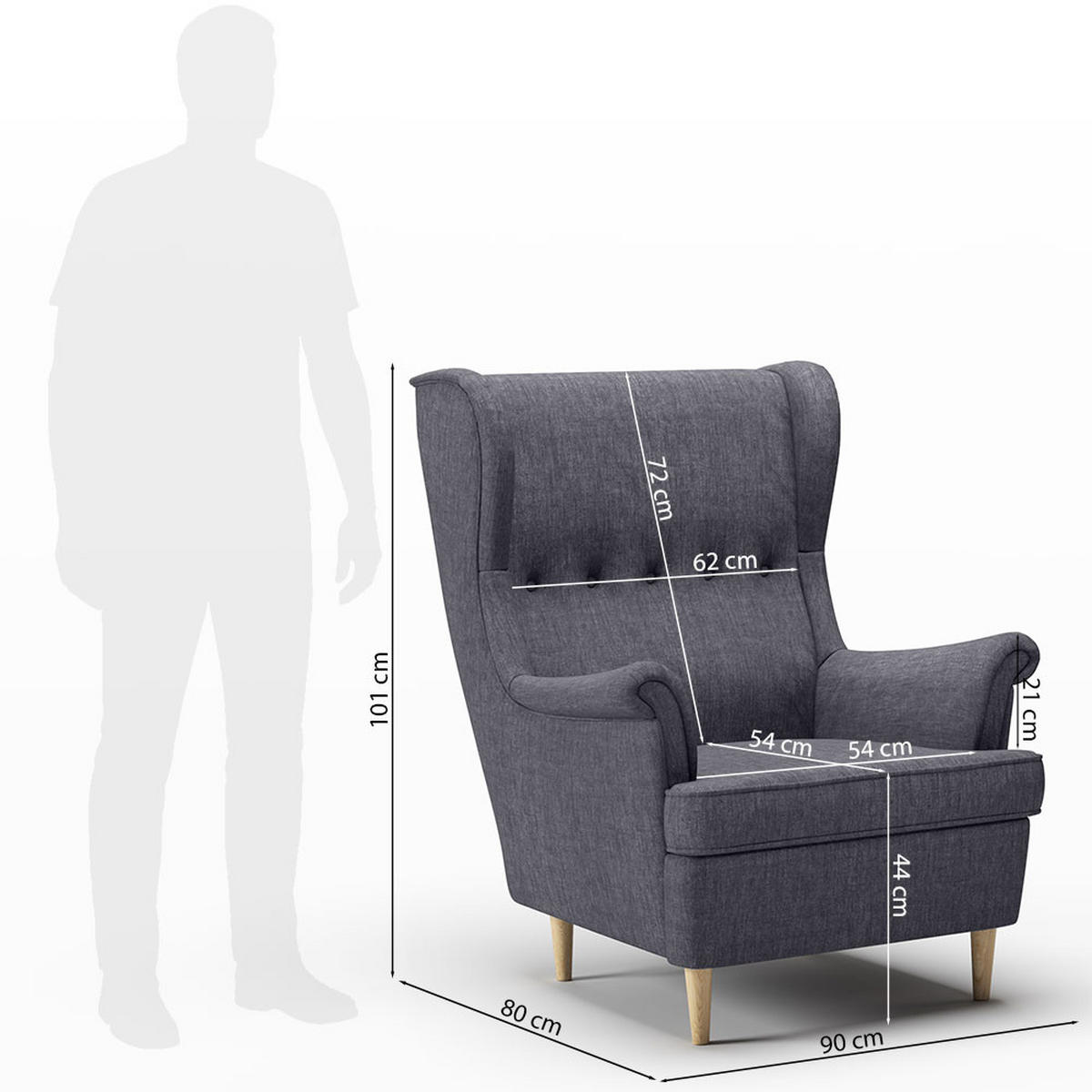 OHRENSESSEL Luno Grau Stoff ES-2 - Naturfarben/Grau, Holz/Textil (62/101/80cm) - Jana