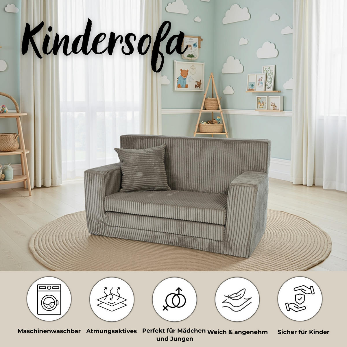 KINDERSOFA aus Kuschel-Cord in Braun - Braun, Textil (83/47/43cm) - Fortisline