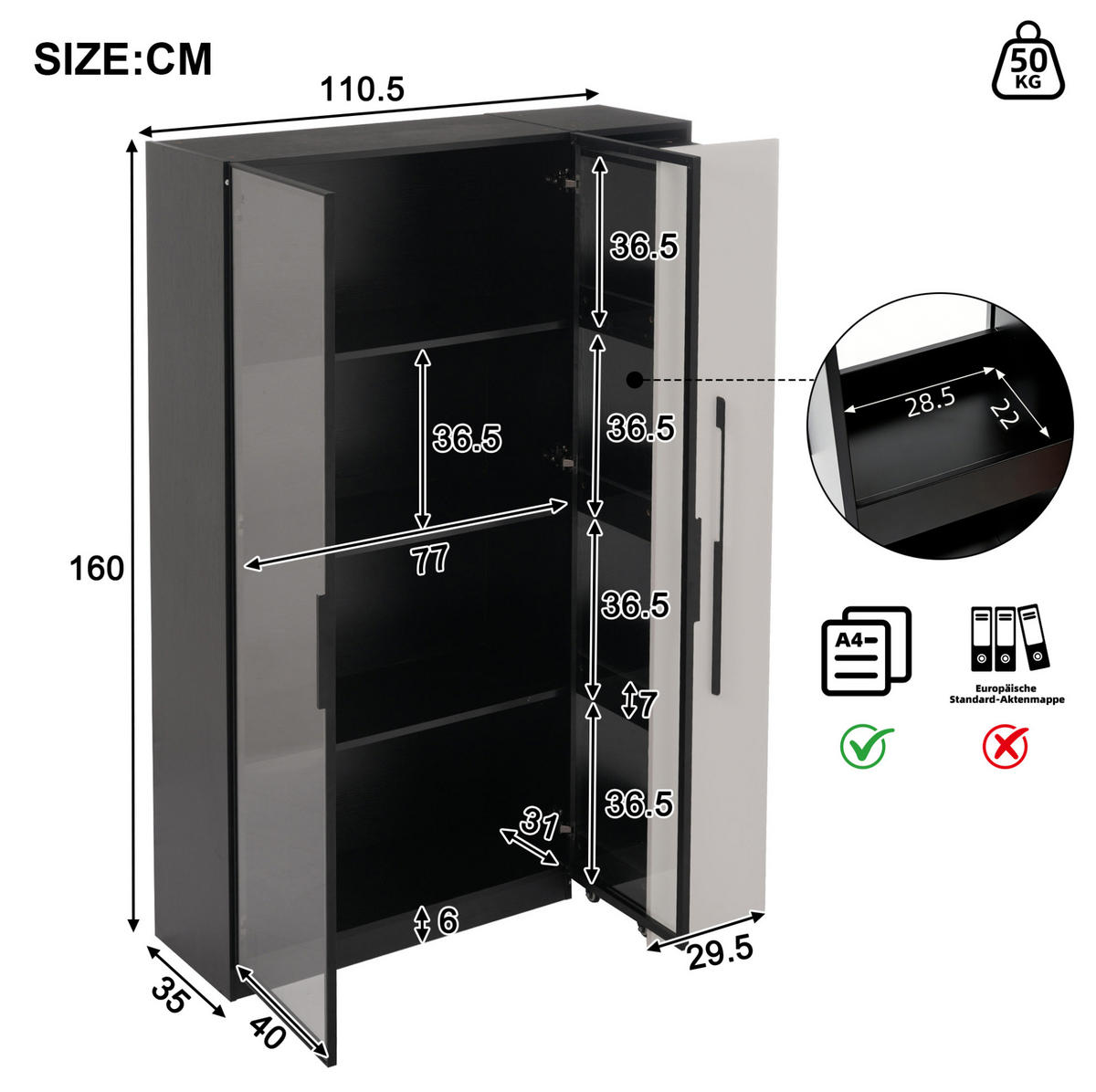 MULTIFUNKČNÍ vitrína z MDF a skla 110,5x35x160 cm černá a bílá s LED osvětlením a bočním výsuvem - černá, kompozitní dřevo (110.5/160/35cm) - Modfu