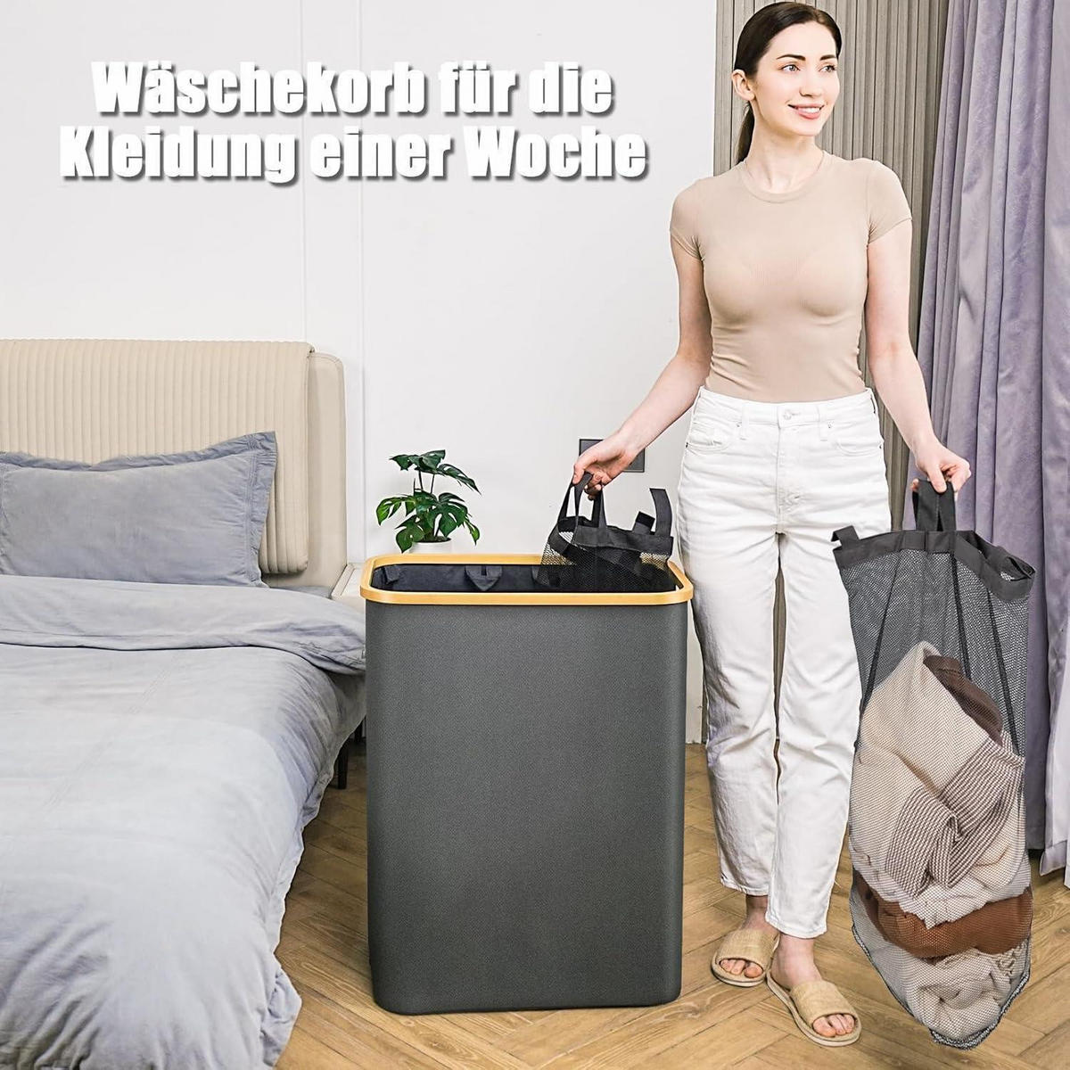 WÄSCHEKORB mit Deckel 145L 3 Fächer Dunkelgrau - Anthrazit, Textil (37/69/57cm)