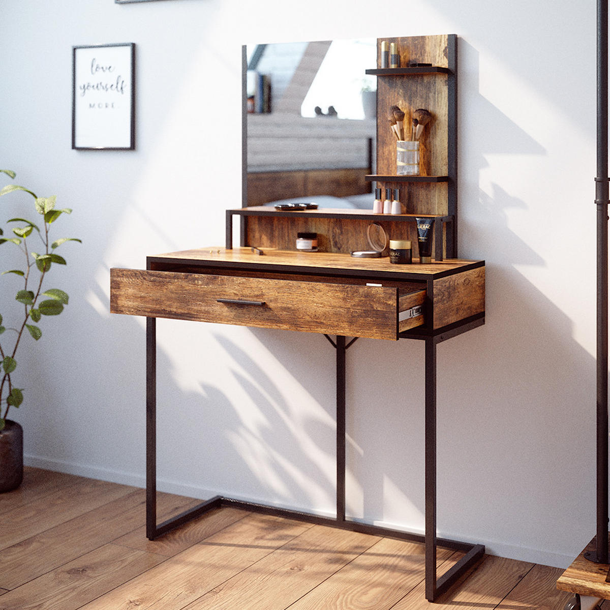 SCHMINKTISCH Fyrk Antikholz 80 cm - Alteiche/Schwarz, Holzwerkstoff (80/135.5/40cm) - Vicco