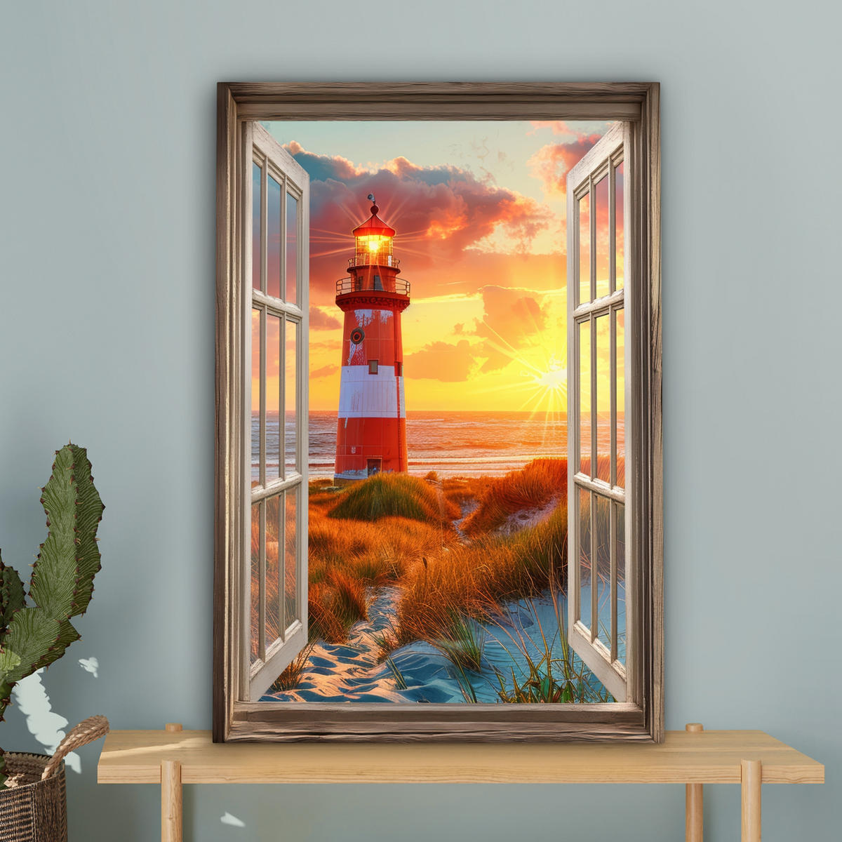 LEINWANDBILD Aussicht - Fenster - Leuchtturm - Sonnenuntergang - Strand 60x90 cm - Dunkelorange, Textil (60/90cm) - MuchoWow