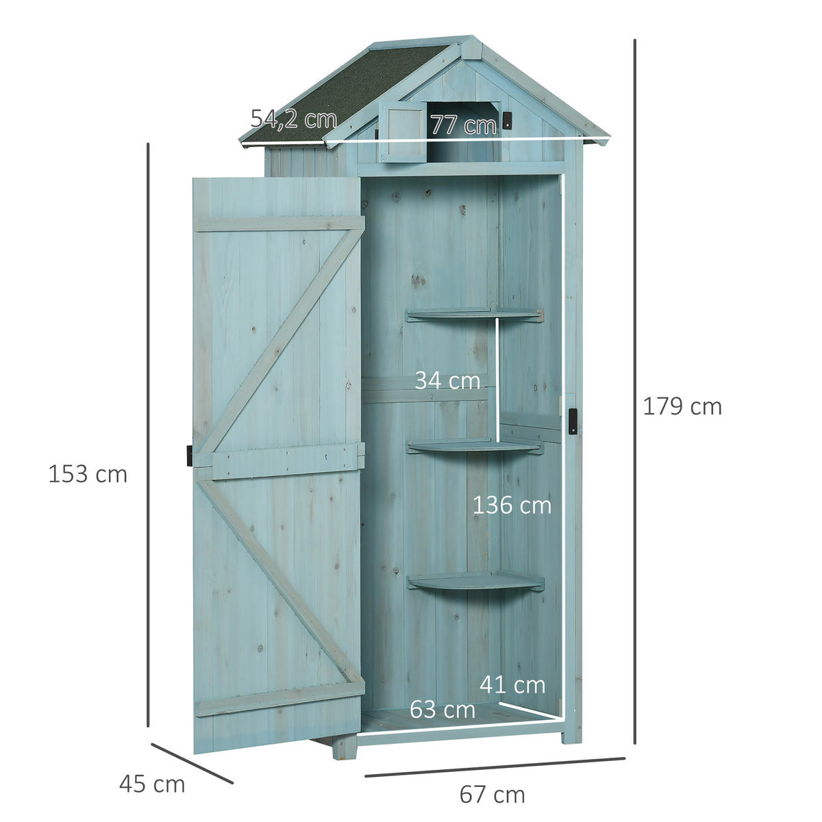 GARTENSCHRANK Geräteschuppen mit Fachböden, Asphaltdach Fenster, Holz, Hellblau+Grün - Hellblau/Grün, Holz (54.2/179/77cm) - Outsunny