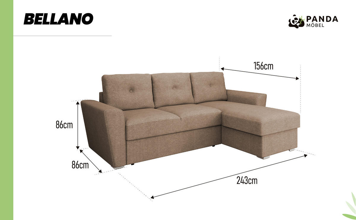 ECKSOFA Bellano Ecksofa L-Form- links oder rechts montierbar, braun - Braun, Holz (243/156cm) - Panda Möbel