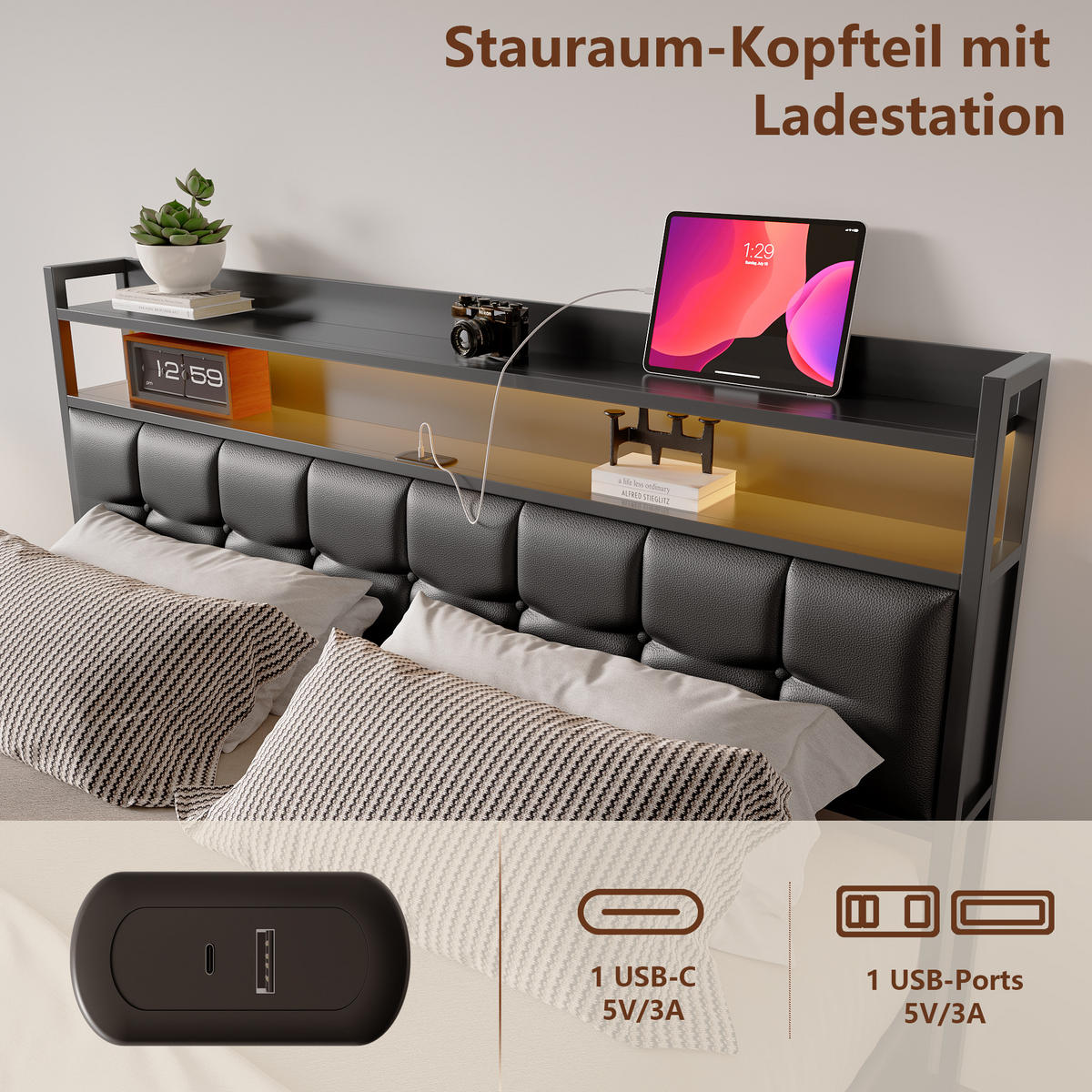 POLSTERBETT 140x200 cm mit LED-Beleuchtung und USB-Ladefunktion Schwarz Kunstleder - Schwarz, Holz/Metall (140/200cm) - PARAFTA HOME