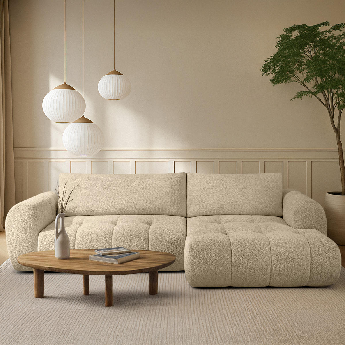 ECKSOFA RECHTS LIRA, Hellbeige, Bouclé - Beige, Holz/Holzwerkstoff (295/112cm) - KONSIMO®