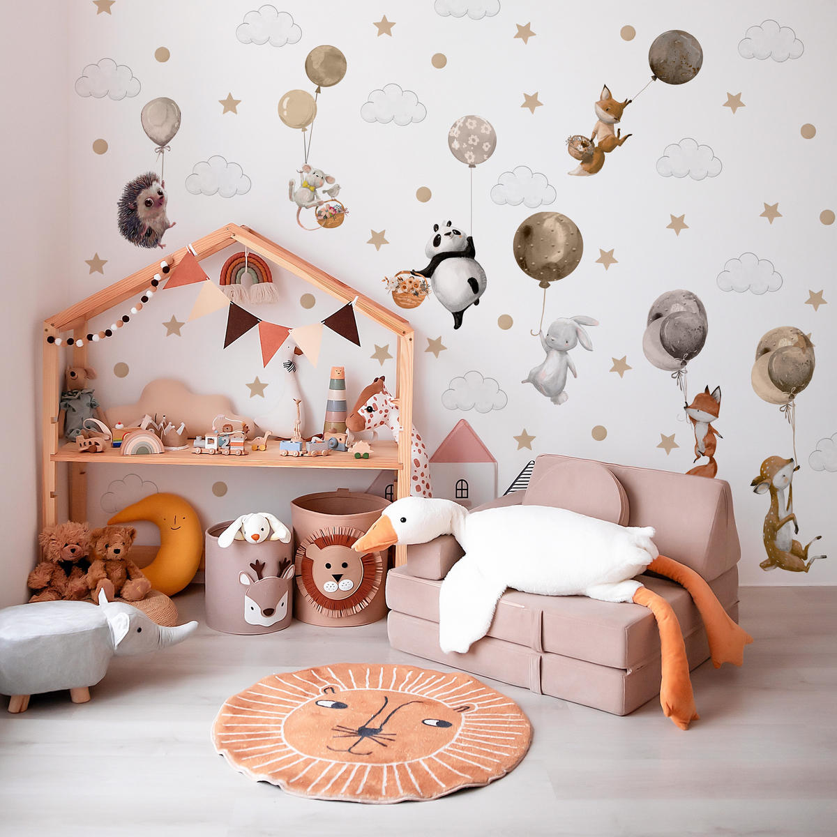 AUFKLEBER SET Tiere Ballons Wolken Sterne Punkte 120x60 - Beige/Schwarz, Papier (120/60/1cm) - Muralo