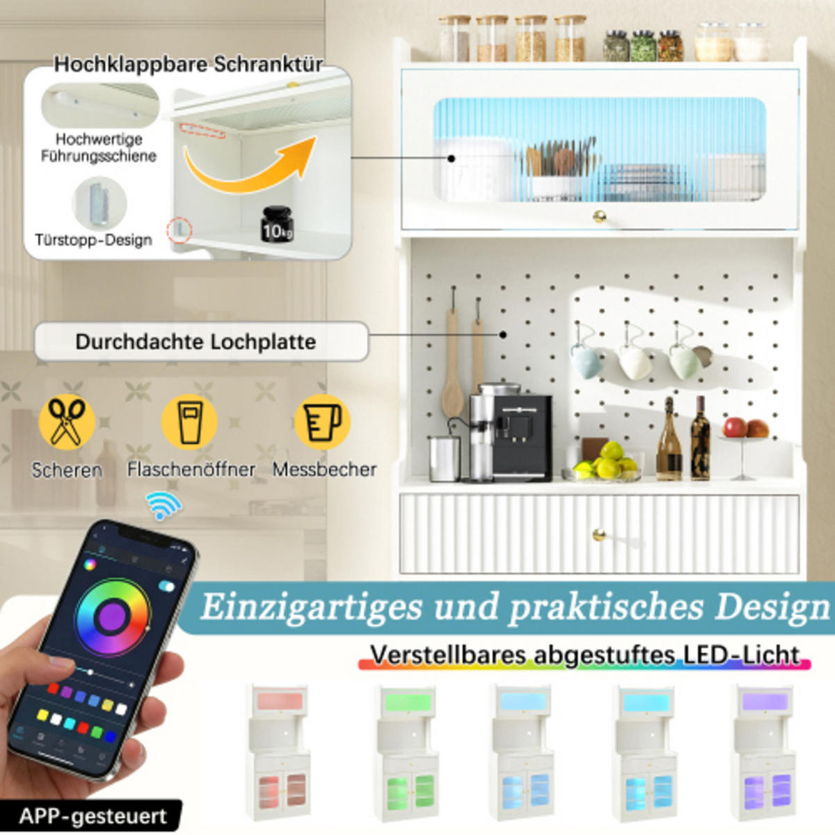 HIGHBOARD mit Riffelglas & LED weiß 80×40×180 cm aus MDF und Spanplatte - Weiß, Holzwerkstoff (80/180/40cm) - Luhomfu