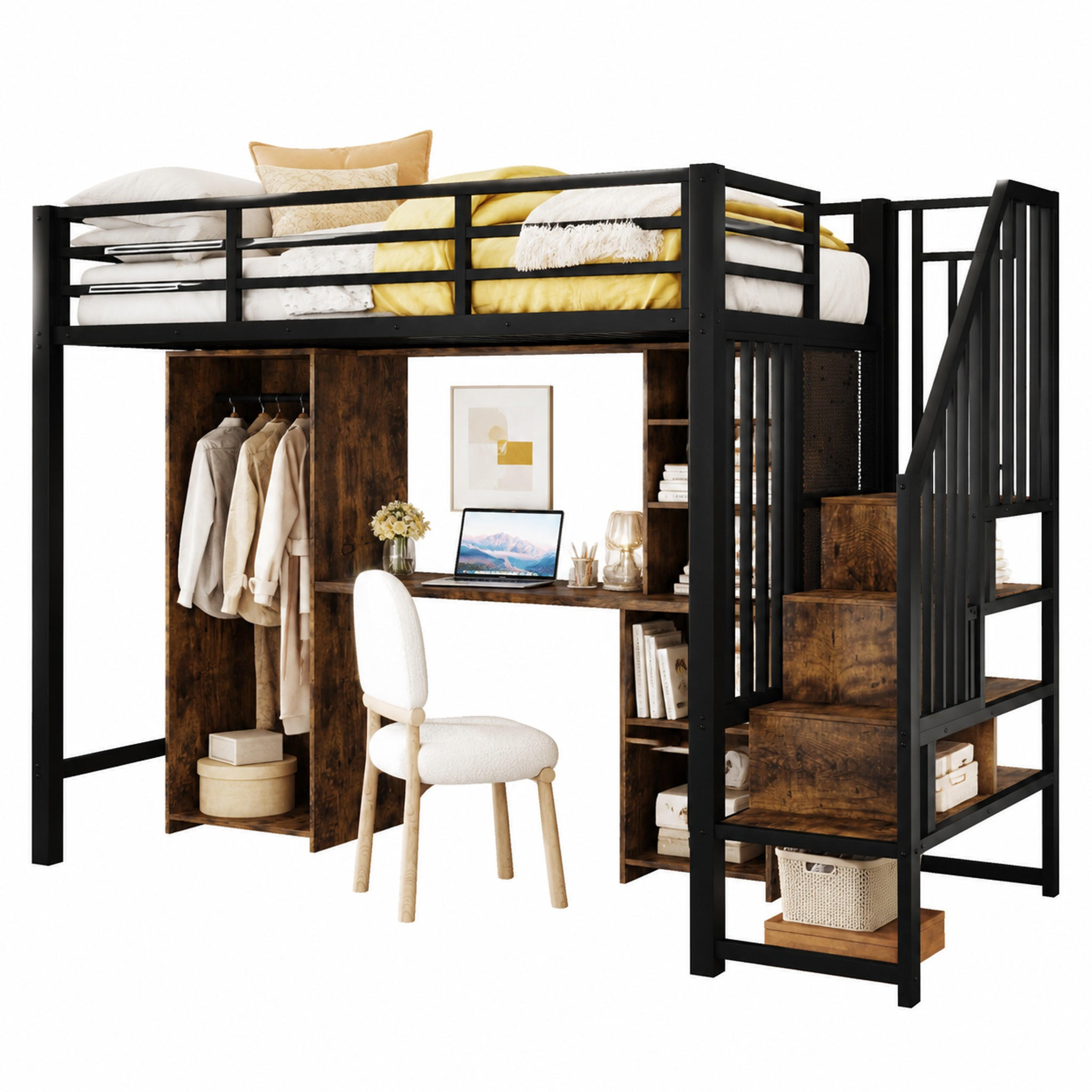 HOCHBETT mit Kleiderschrank und Schreibtisch 90x200 cm Schwarz - Schwarz, Metall (90/200cm) - Meubliv