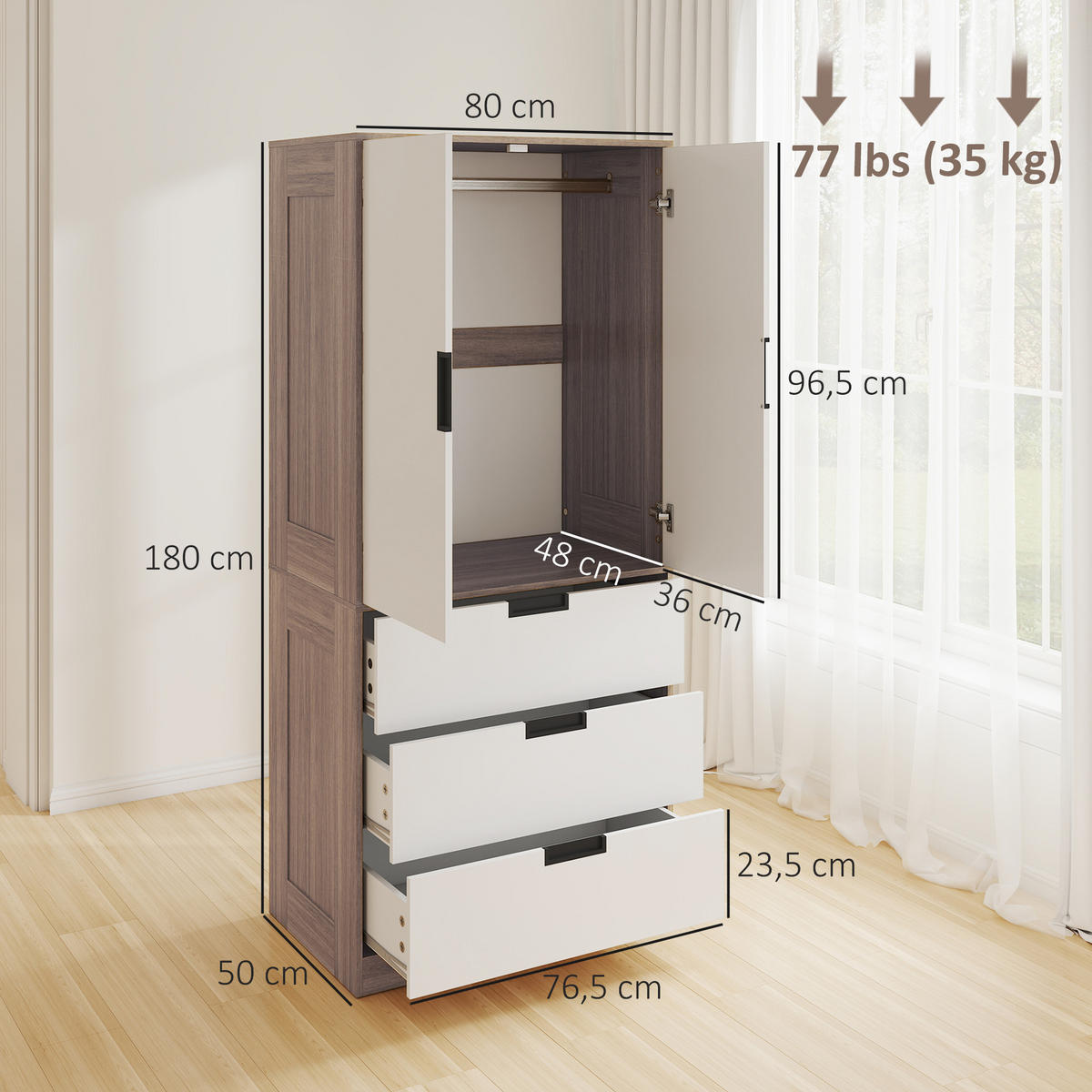 KLEIDERSCHRANK DE-17182 3 Schubladen & Kleiderstange Braun - Braun, Holzwerkstoff (50/180/80cm) - ComfortXL