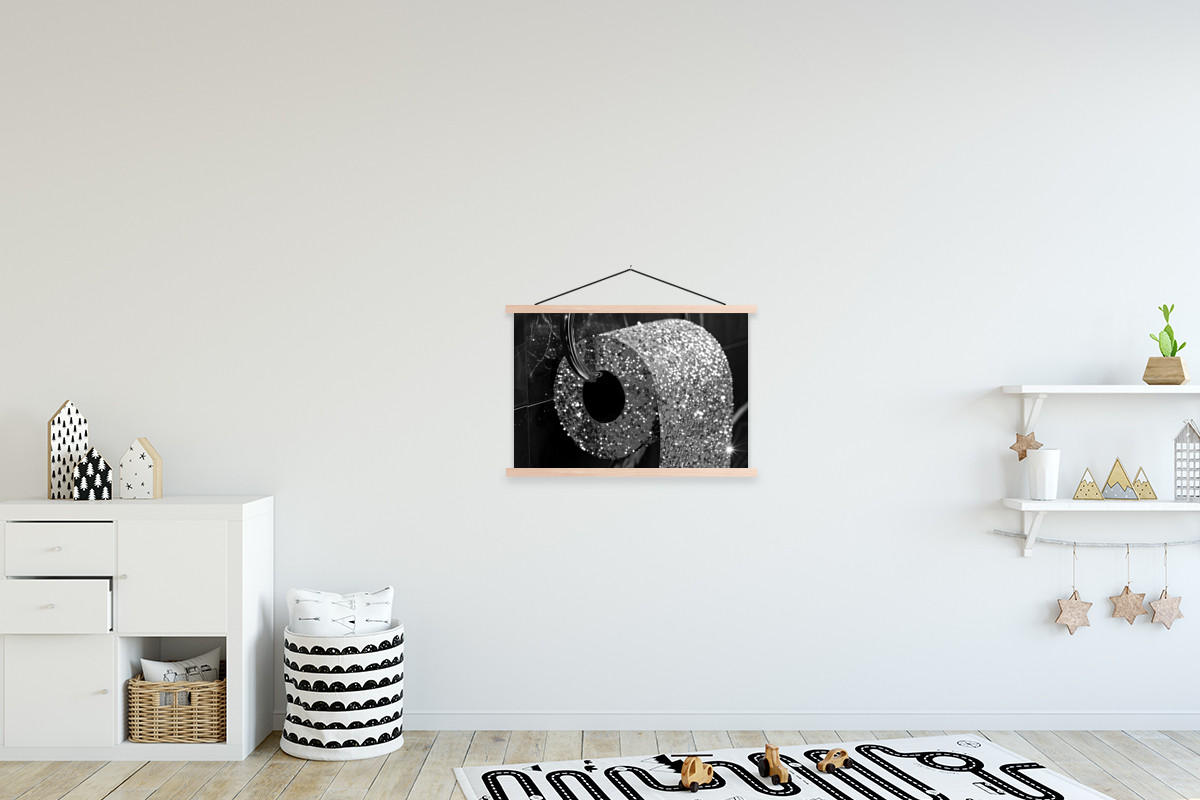 POSTER WC - Toilettenpapier - Schwarz und weiß - Glitter 60x40 cm - Silberfarben, Textil (60/40/0.15cm) - MuchoWow