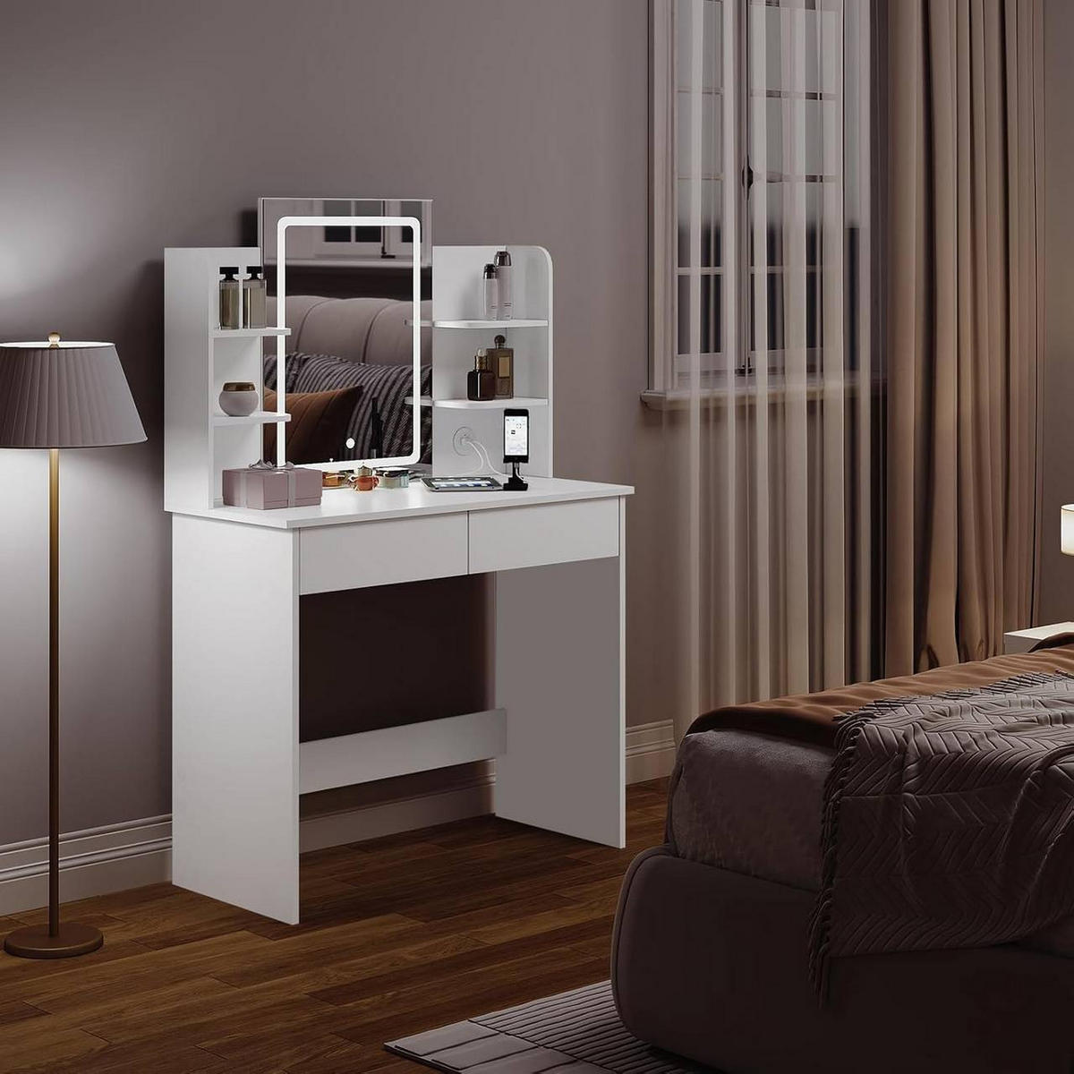 SCHMINKTISCH mit LED-Beleuchtung Spiegel, Weiß - Weiß, Glas/Holzwerkstoff (90/125/40cm) - Woltu