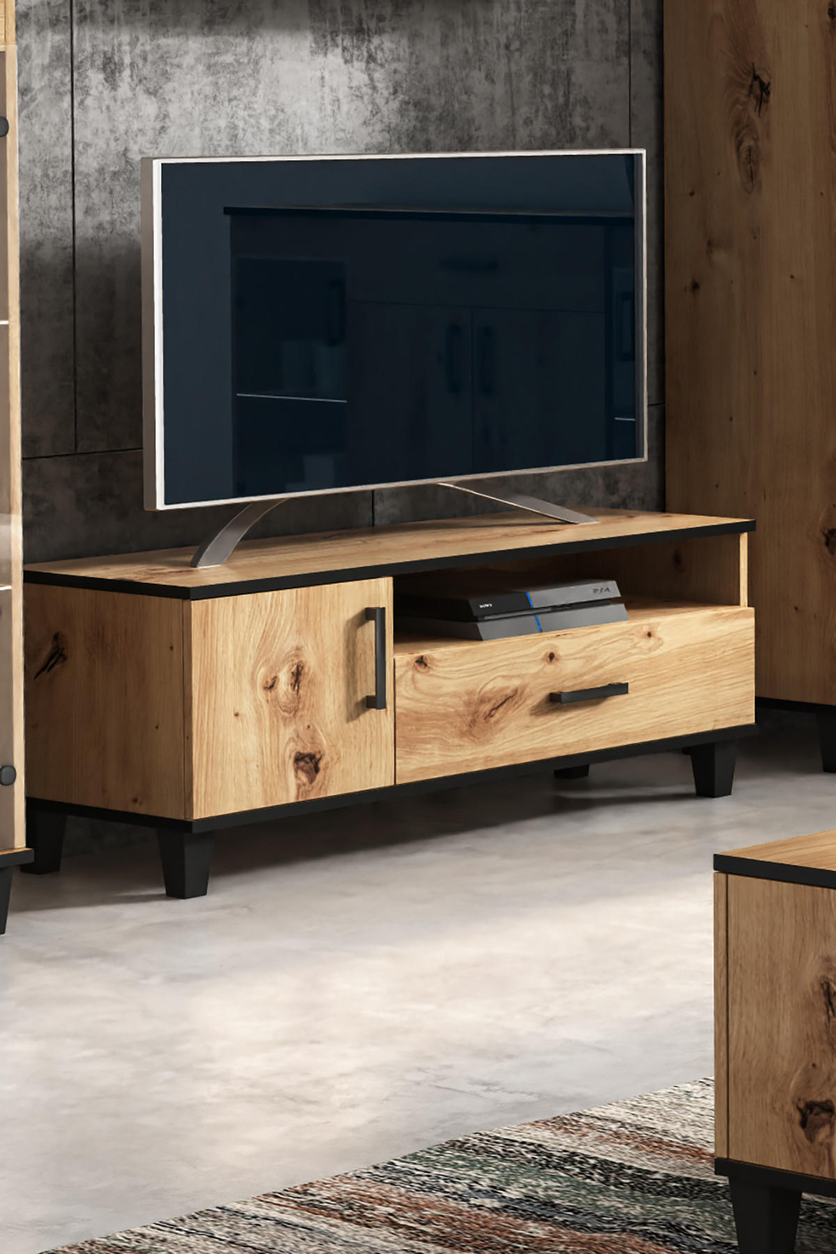 TV-SCHRANK Vanessa 120 cm mit Schublade und mit Scharniertür, Eiche Artisan, schwarz - Schwarz/Eiche Artisan, Kunststoff (120/52/40cm) - Margaret Hadas24
