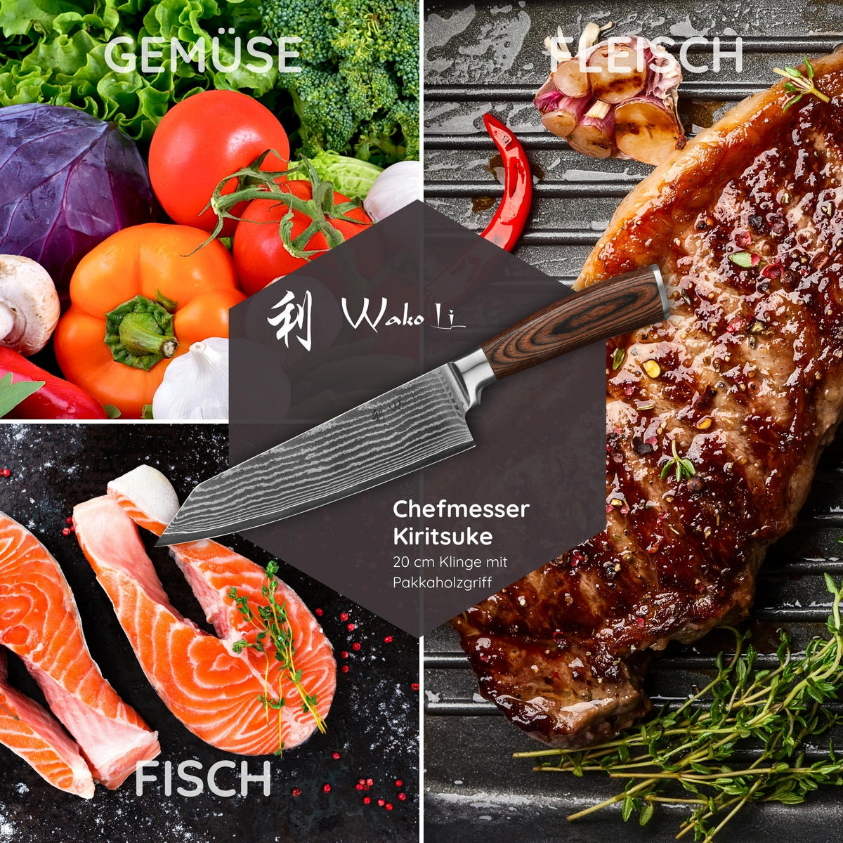 KIRITSUKE Damastmesser I EDIB - Braun, Holz/Metall (30cm) - Wakoli