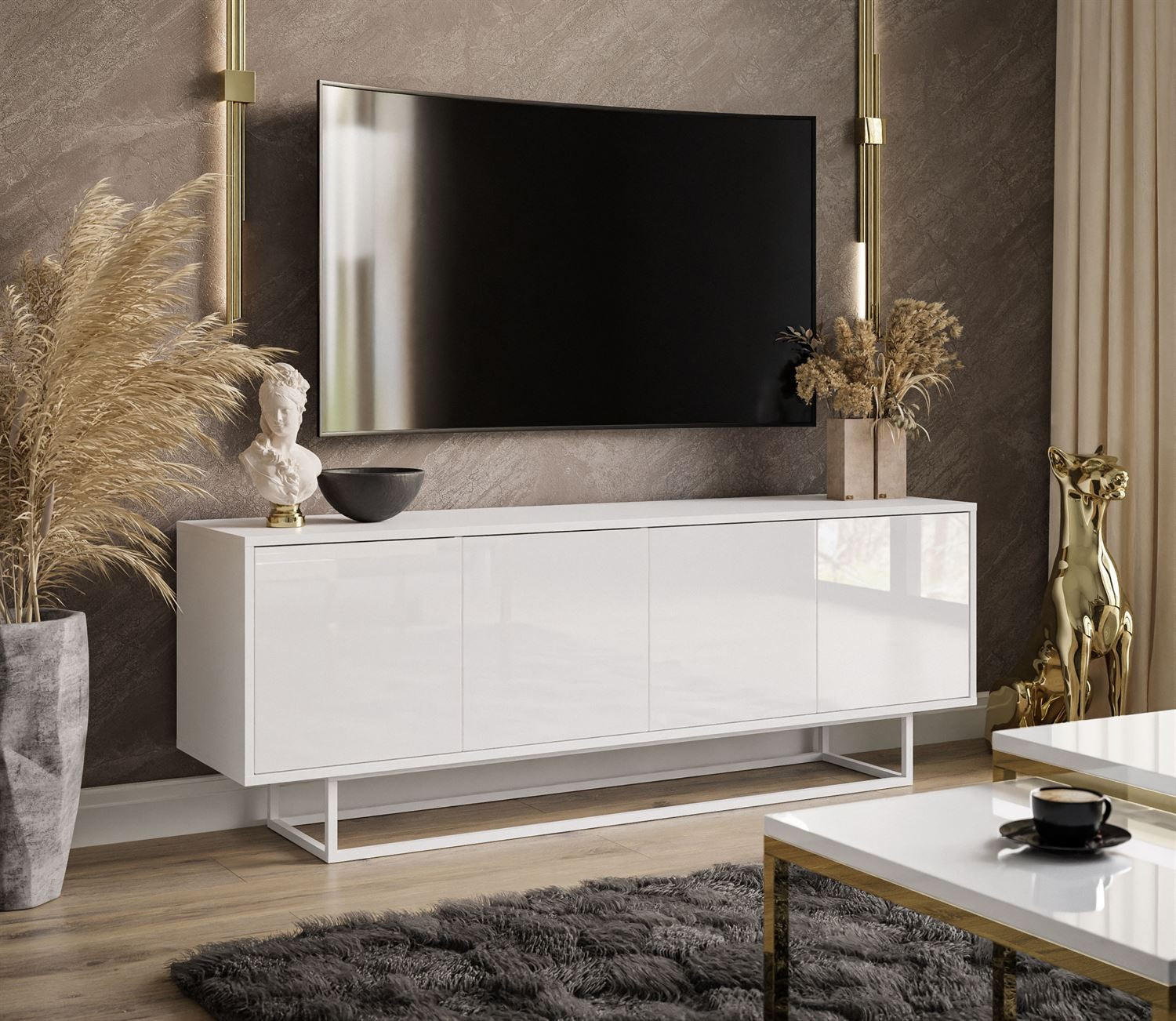 TV-ELEMENT SANAYI auf weißem Gestell / Hochglanz Weiß - Weiß, Holzwerkstoff (156/57/38cm) - Lookway