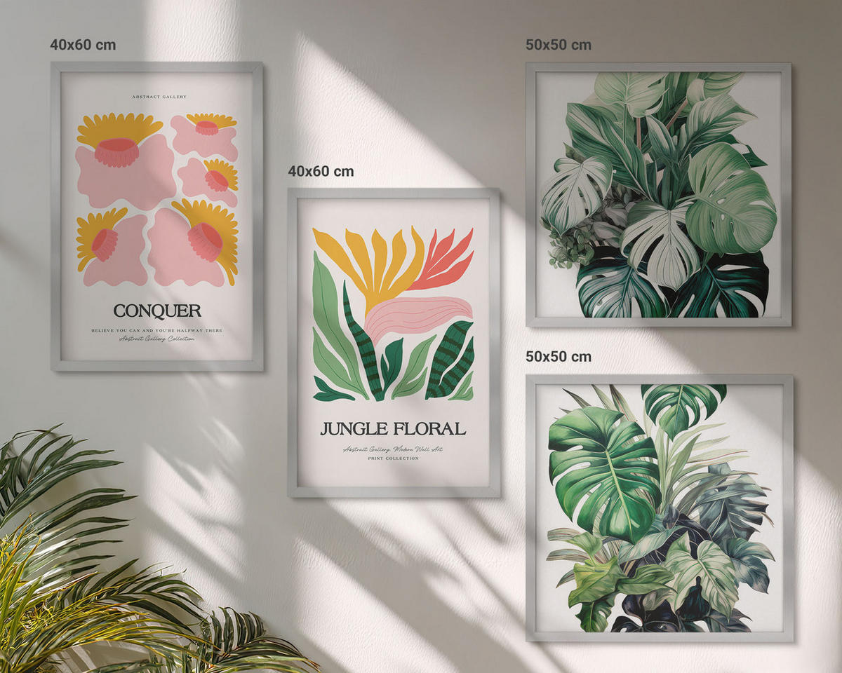 WANDBILDER 4er Set - 50x50 cm & 40x60 cm Silberner Rahmen - Blumen und Blätter – moderne Poster - Silberfarben, Kunststoff (50/50cm) - ArtPrintCave
